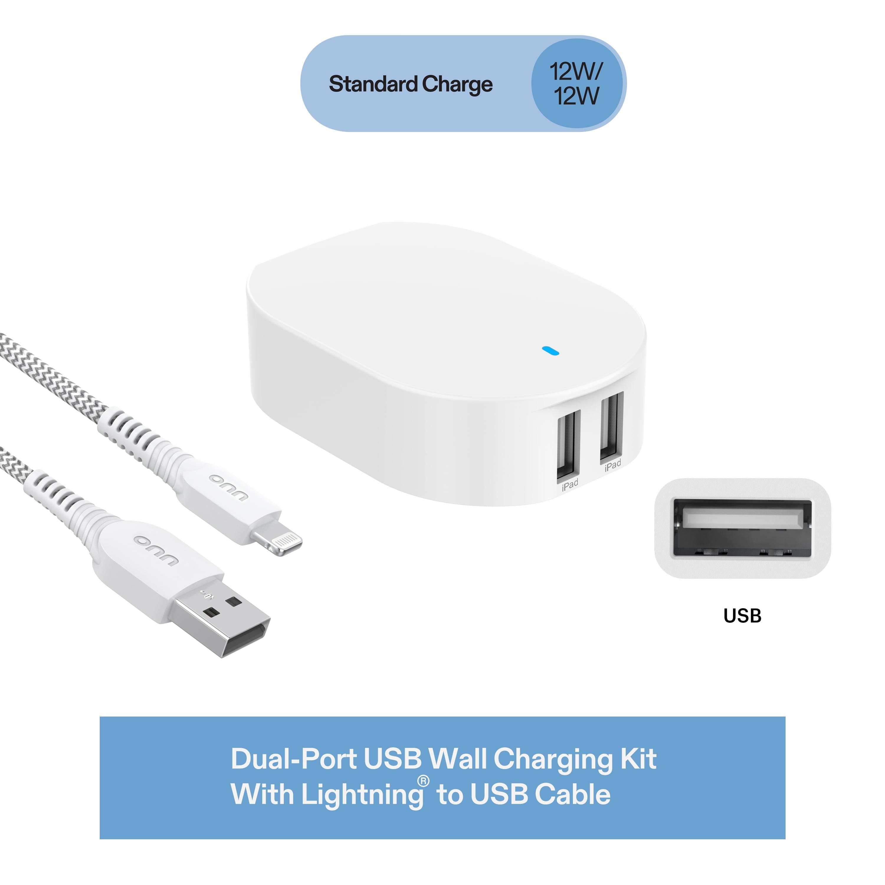 Onn 24W Dual USB-A Port Wall Charger with 3Ft USB-C to USB Cable, Foldable Plug, White - Compatible with Iphone 17/16/15 Series, Samsung Galaxy, Google Pixel, and More