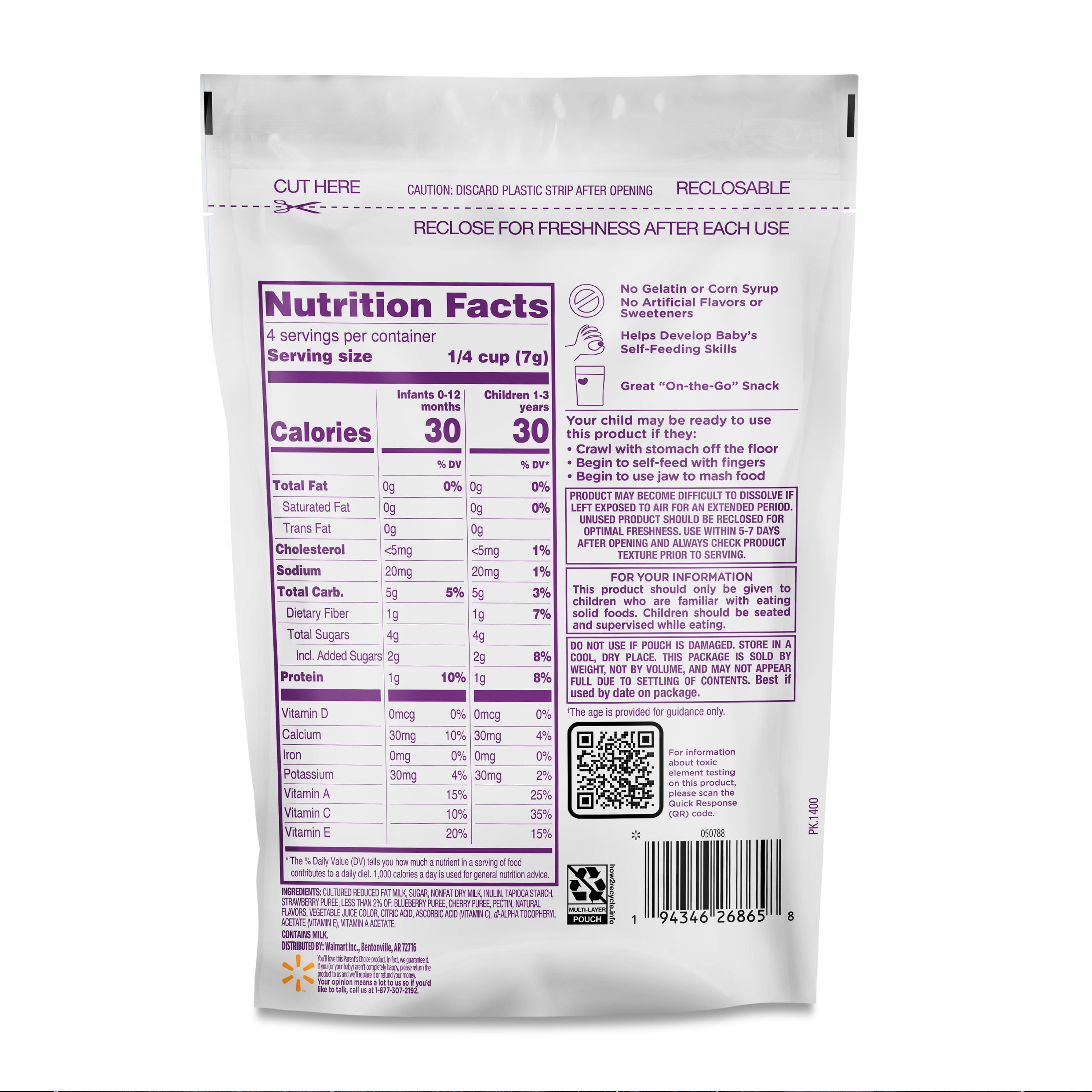Parent’S Choice™ Mixed Berry Stage 3 Toddler Yogurt Bites Snack, 1 Oz Pouch