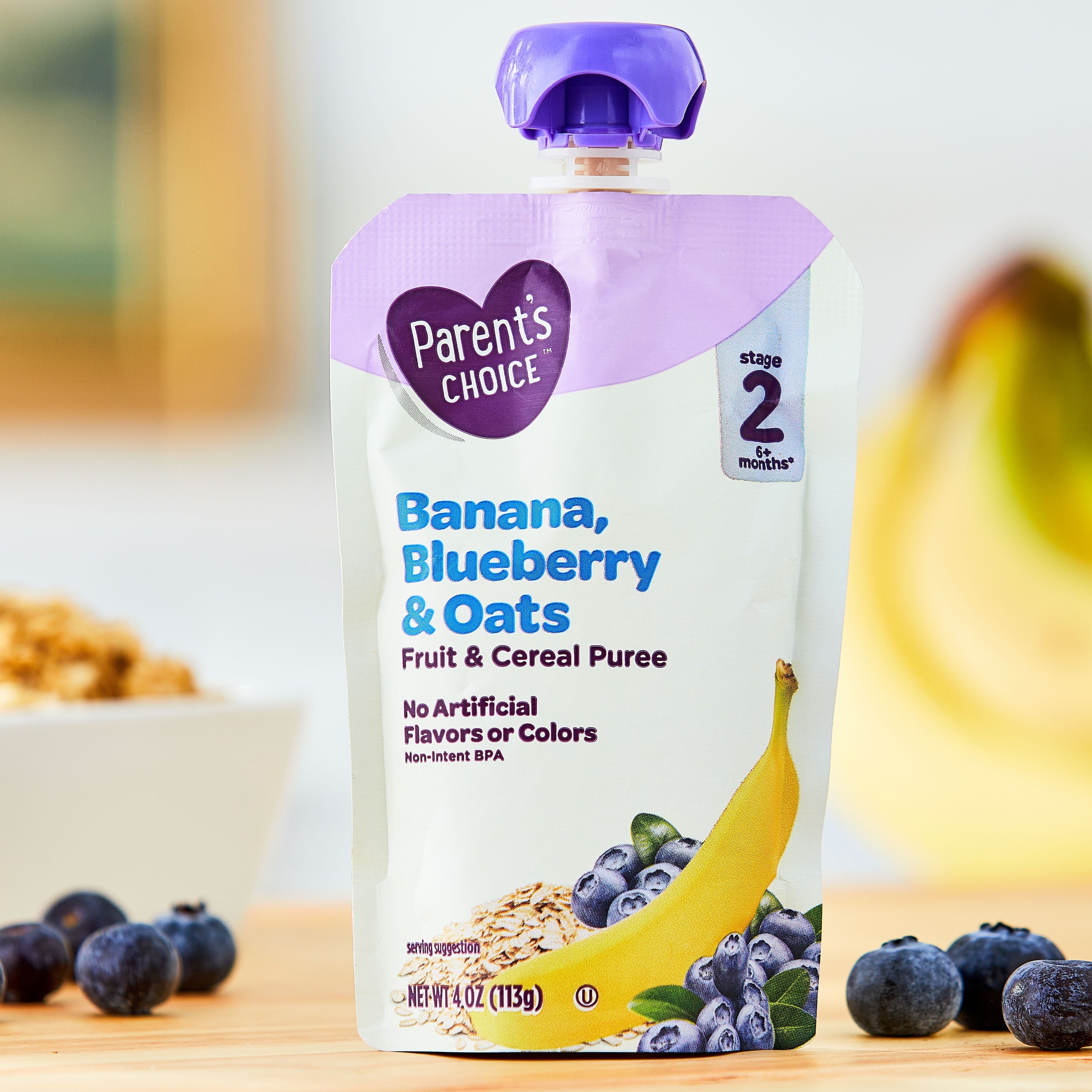 Parent'S Choice Stage 2 Baby Food, Banana, Blueberry, and Oats Fruit and Cereal Puree, 4 Oz Pouch