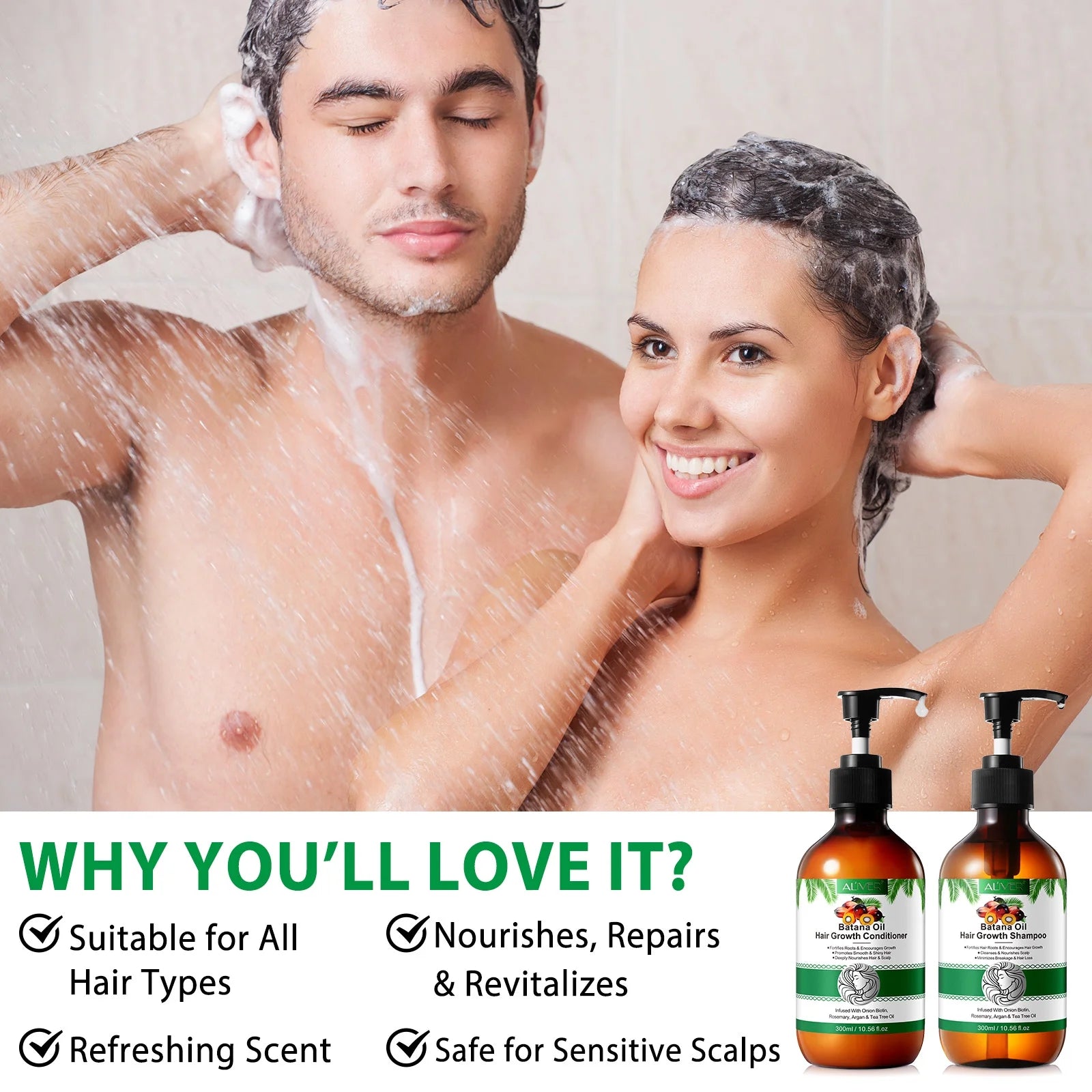 Aliver Batana Shampoo and Conditioner Set | Reduce Breakage Deep Moisturizing for Men & Women 10.56 Fl.Oz X2