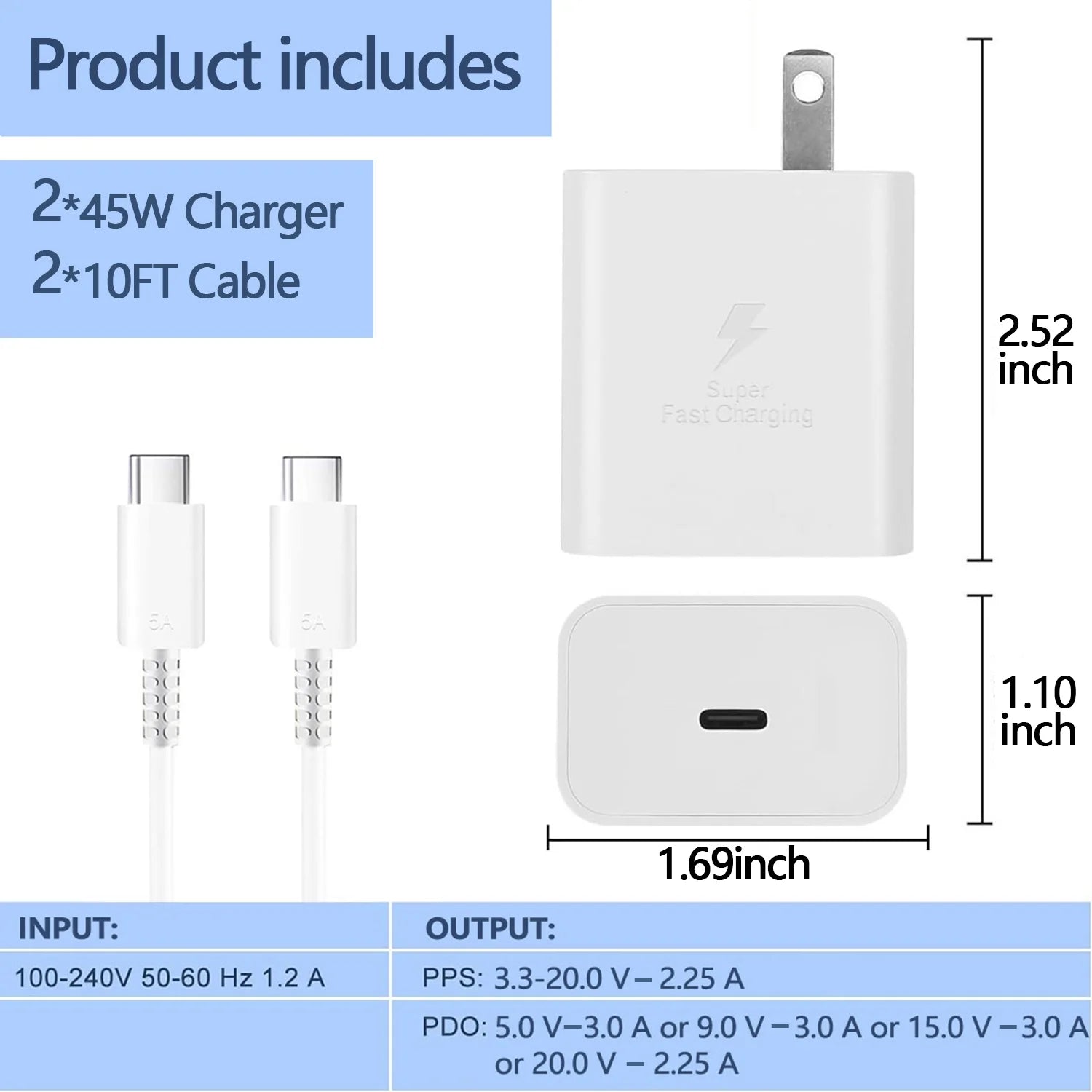 2-Pack 45W USBC Fast Charger,10Ft Type C Charger Fast Charging Cable and Android Charger Block for Samsung Galaxy S25 Ultra/S25/S24+/S23 S22 S21 Ultra/Plus,Ipad Pro/Air/Mini,Iphone,White