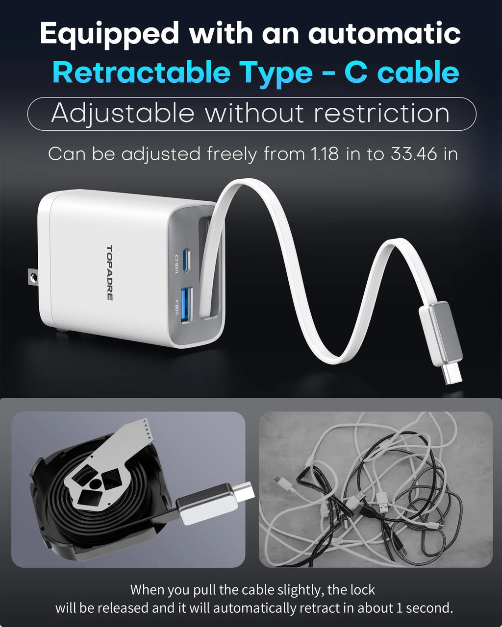 65W Gan Charger with Built-In 3.5Ft Retractable Cable, 3-Port PD Fast Charging Compatible with Iphone/Samsung Series -White
