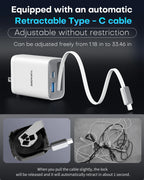 65W Gan Charger with Built-In 3.5Ft Retractable Cable, 3-Port PD Fast Charging Compatible with Iphone/Samsung Series -White