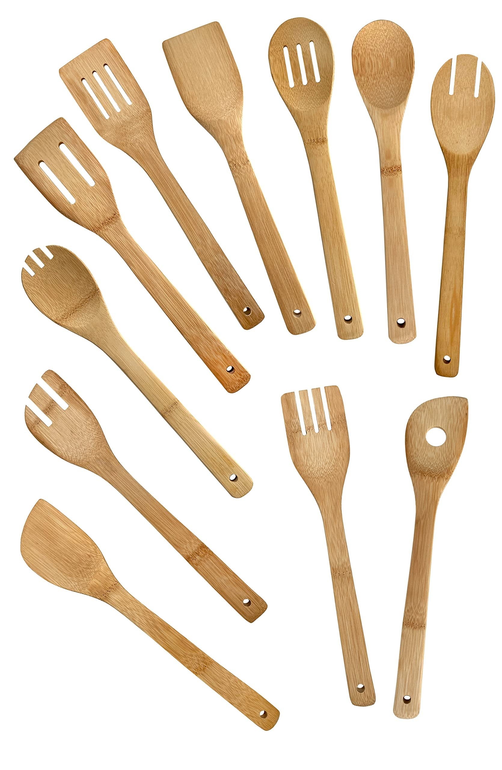 Edge Bamboo Utensils 12 Piece Set Including Caddy for Cooking Slotted Spoon, Turner, Fork, Mint