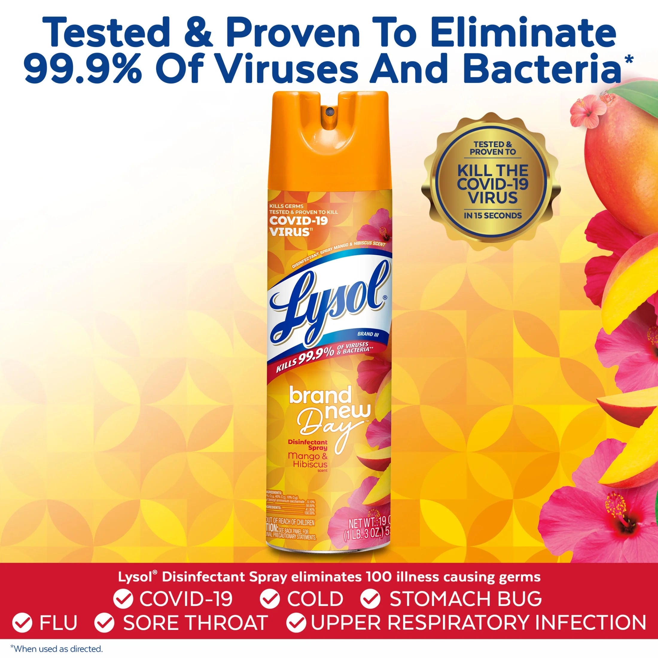 Lysol Disinfectant Spray Sanitizing/Antibacterial- Disinfecting & Deodorizing, Brand New Day Mango Hibiscus 19 Fl Oz