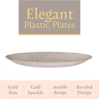 Elegant Plastic Dinner Plates Granite Gray Gold Rim Plastic Silverware, 32 Pack