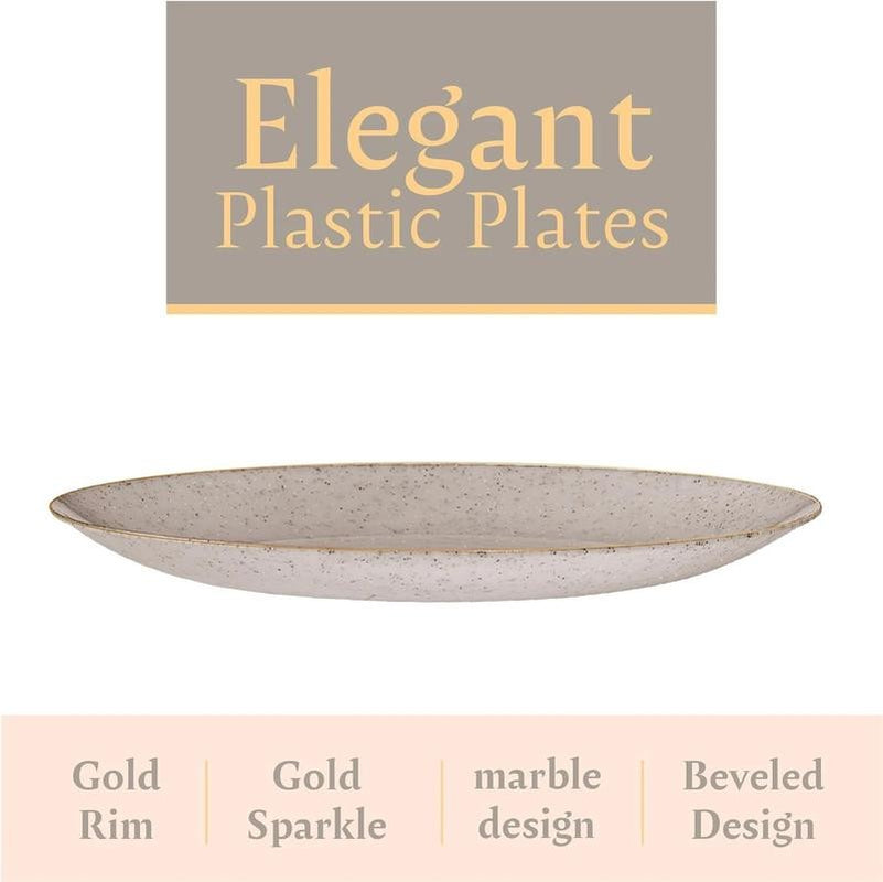 Elegant Plastic Dinner Plates Granite Gray Gold Rim Plastic Silverware, 32 Pack