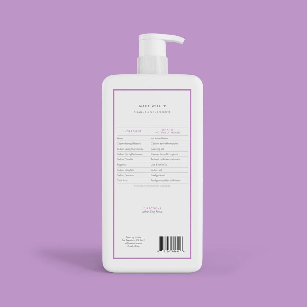 Native Body Wash, Sulfate Free, Lilac & White Tea, for Women and Men, 36 Oz