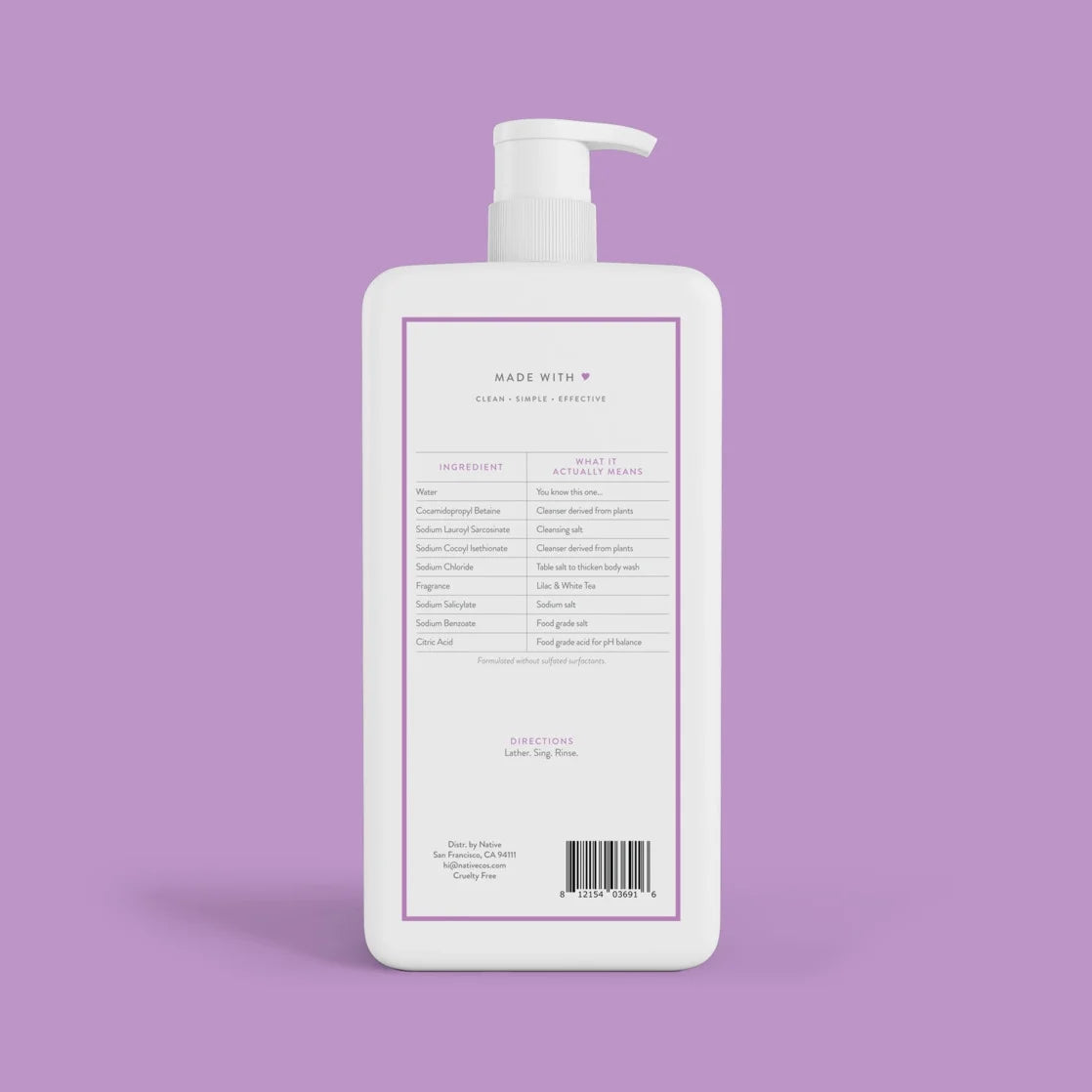 Native Body Wash, Sulfate Free, Lilac & White Tea, for Women and Men, 36 Oz