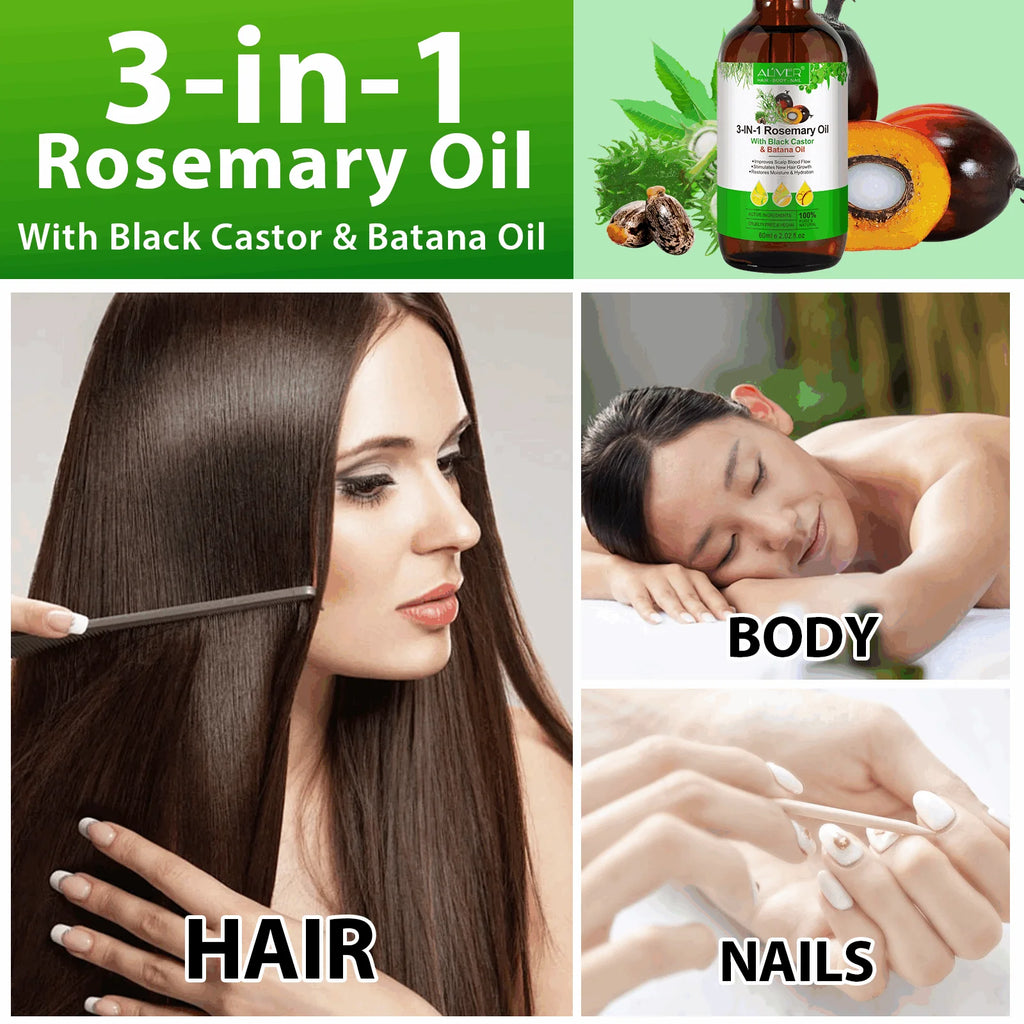 3-IN-1 Rosemary Oil with Black Castor & Batana Oil, 100% Pure & Natural, Hair Care & Skin Care, Organic Cold-Pressed, Cruelty-Free & Vegan, 2.02 Fl Oz