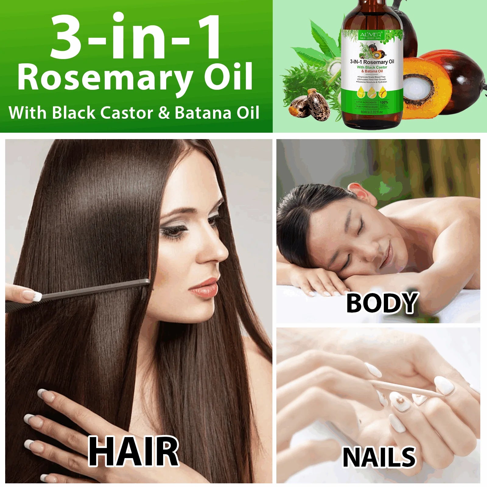 3-IN-1 Rosemary Oil with Black Castor & Batana Oil, 100% Pure & Natural, Hair Care & Skin Care, Organic Cold-Pressed, Cruelty-Free & Vegan, 2.02 Fl Oz