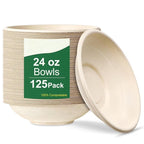 24 OZ Compostable Paper Bowls Heavy-Duty Bulk, 125 Pack Natural Sugarcane Fibers