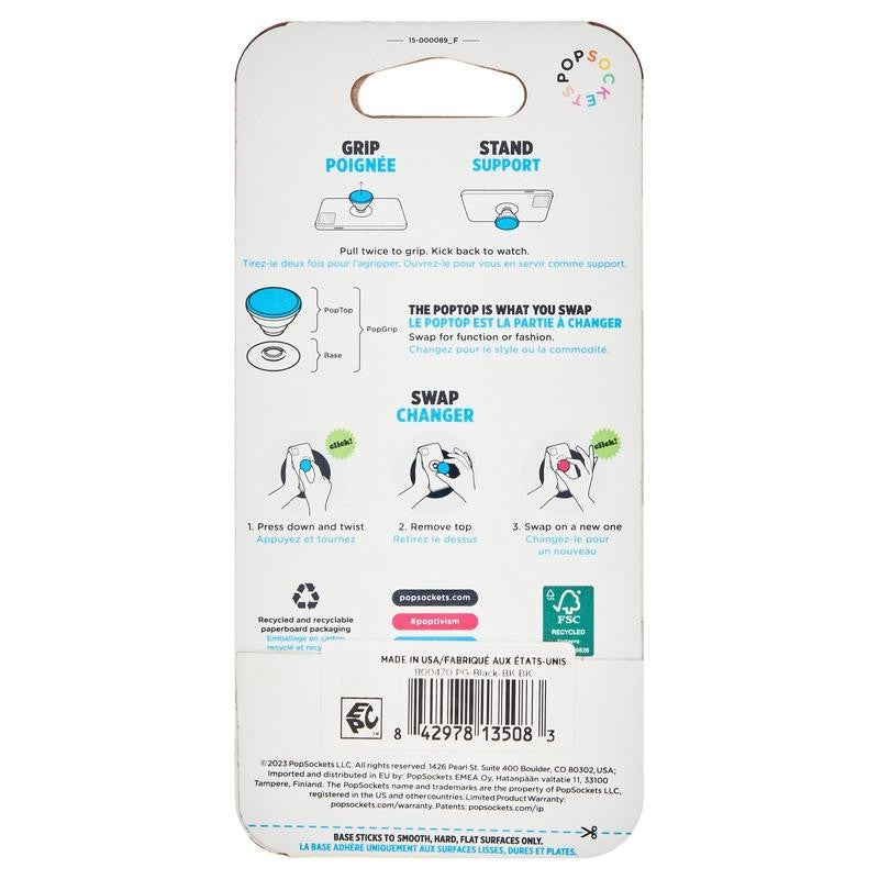 Adhesive Phone Grip with Expandable Kickstand and Swappable Top - Popgrip Black