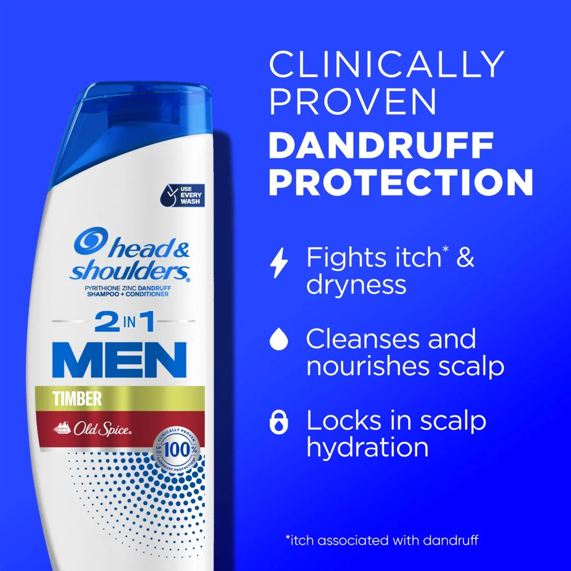 Head and Shoulders Mens 2In1 Dandruff Shampoo and Conditioner, plus Old Spice Timber, 12.5 Oz