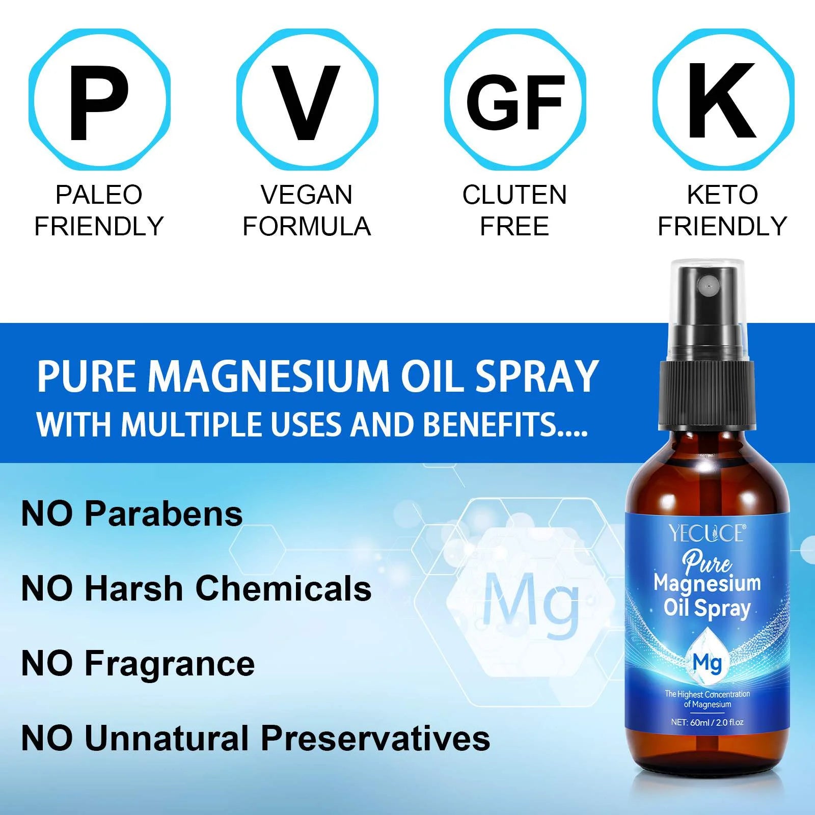 100% Pure & Natural Magnesium Oil Spray, Highly Concentrated Magnesium Oil, Enhances Sleep Quality & Promotes Muscle Relaxation, Easy to Absorb, 60Ml