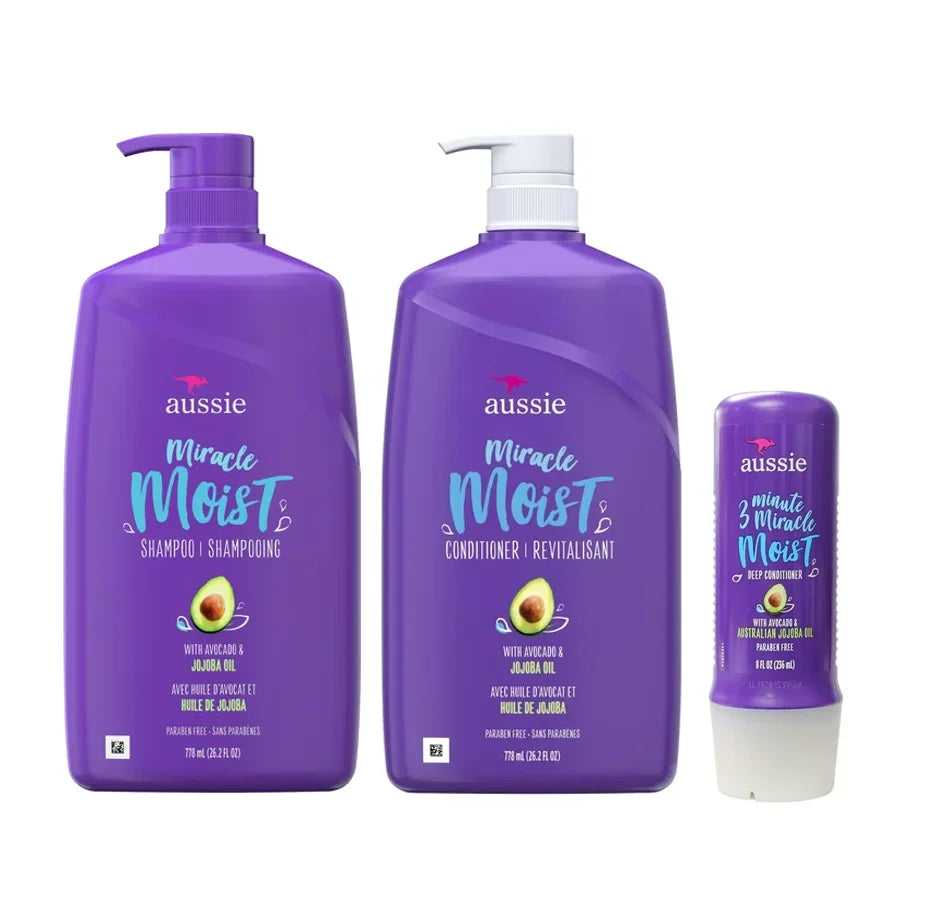 Aussie Miracle Moist Shampoo, Conditioner, & Deep Conditioner Set, Paraben Free, for Dry Hair Types