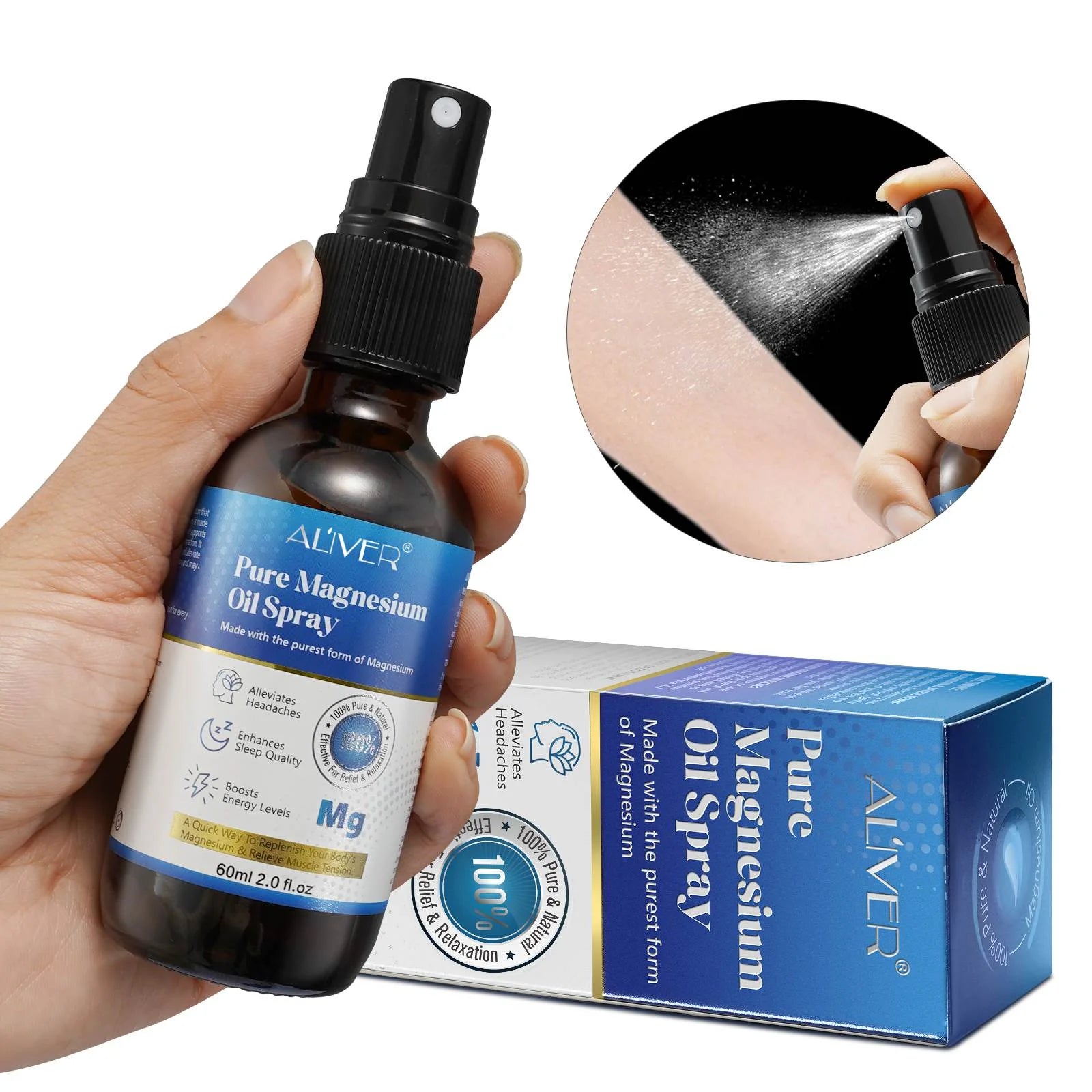 Aliver Pure Magnesium Oil Spray for Stress Relief & Healthy Skin, 100% Natural, 2.0 Fl.Oz