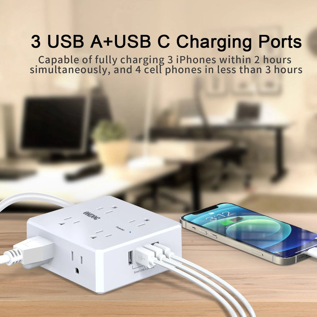 6 Ft Extension Cord Power Strip with 4 USB Ports Widely Surge Protector Outlets