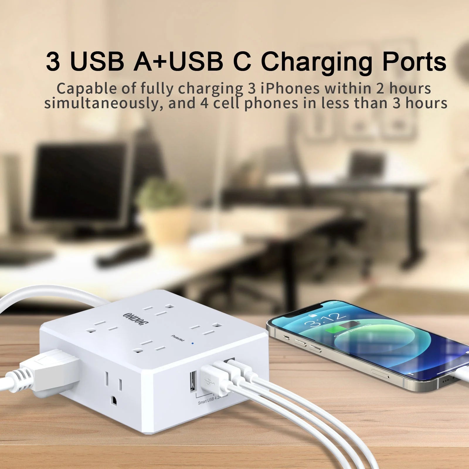6 Ft Extension Cord Power Strip with 4 USB Ports Widely Surge Protector Outlets