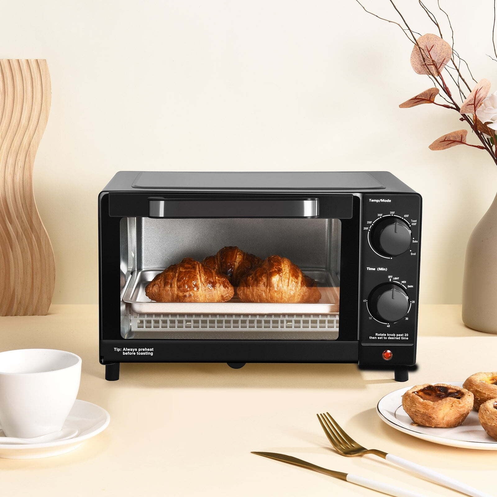 4 Slice Toaster Oven with 3 Settings, Includes Baking Rack and Pan, Black, New