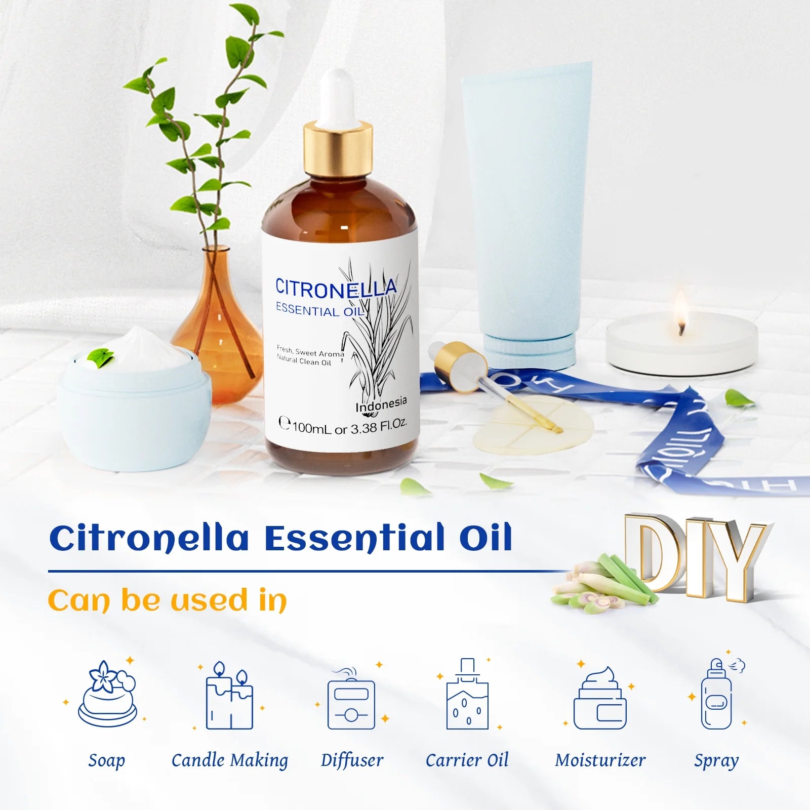 Citronella Essential Oil, 100Ml Pure Nature Undiluted for Diffuser, Humidifier,