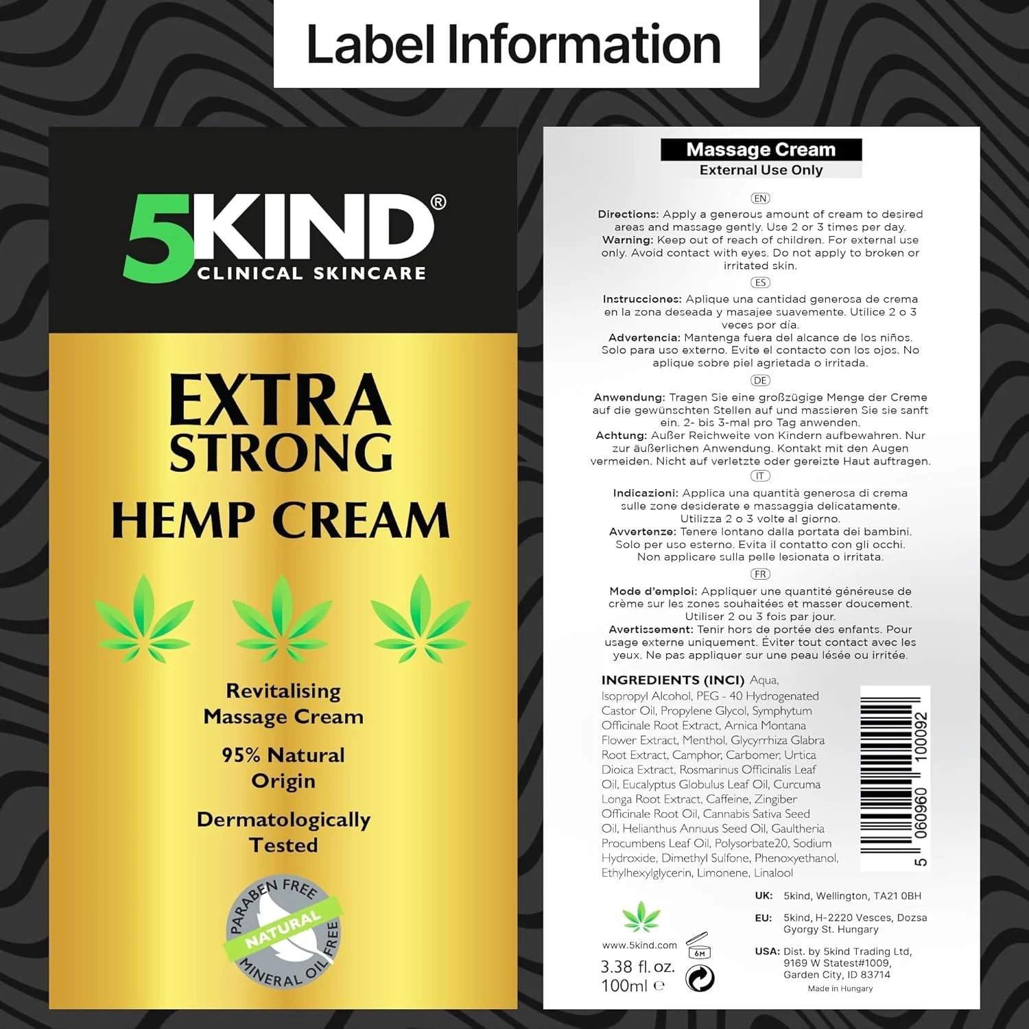 5Kind Extra Strong Hemp Cream 3.38 Fl Oz - High Strength Hemp Formula for Neck,