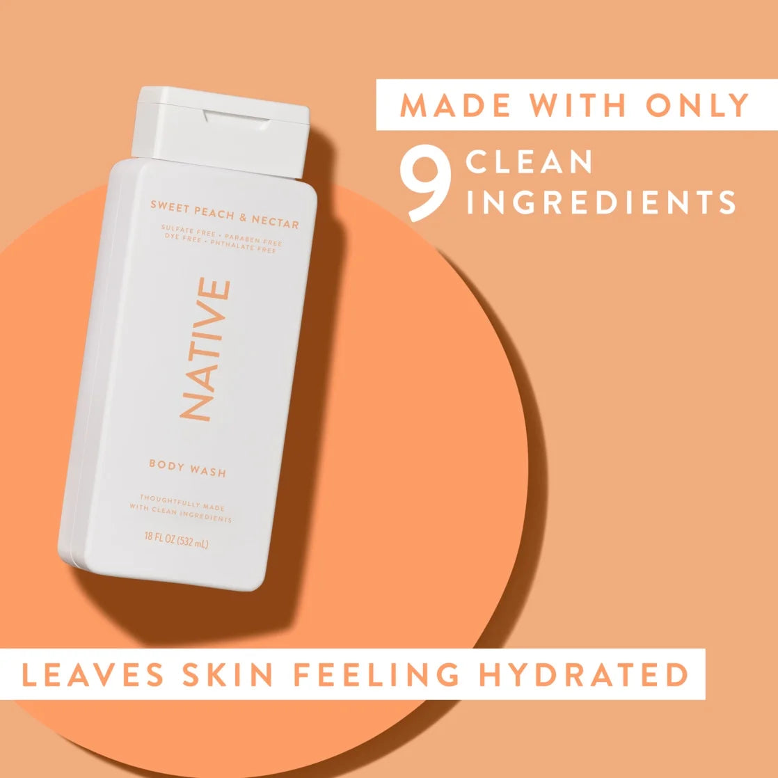 Native Body Wash, Sulfate Free, Sweet Peach & Nectar, for Women and Men, 18 Oz