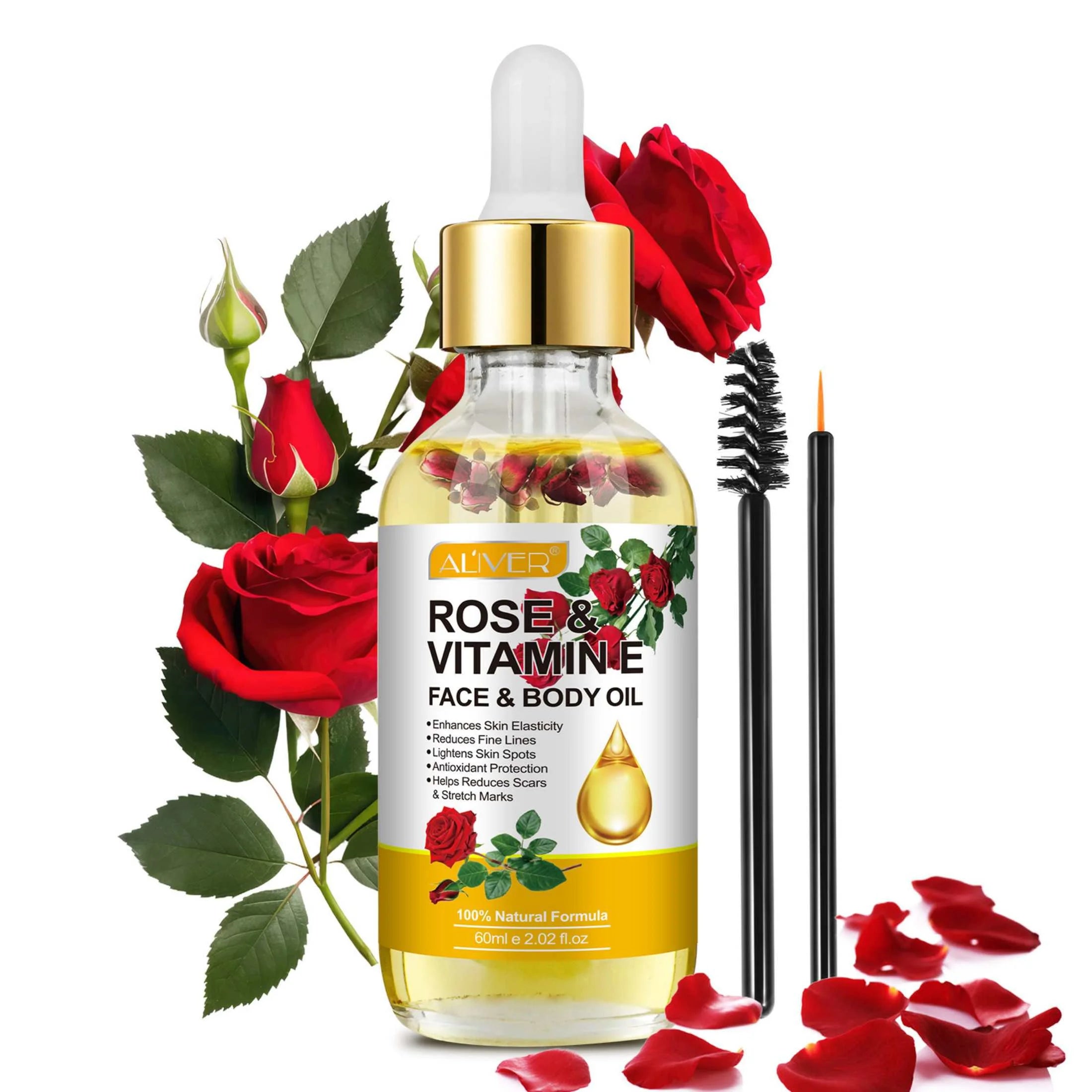 Aliver Rose & Vitamin E Oil for Face, 100% Pure and Natural , for Skin Moisturizing, Anti-Aging, Reduce Pigmentation, 2.02 Fl Oz
