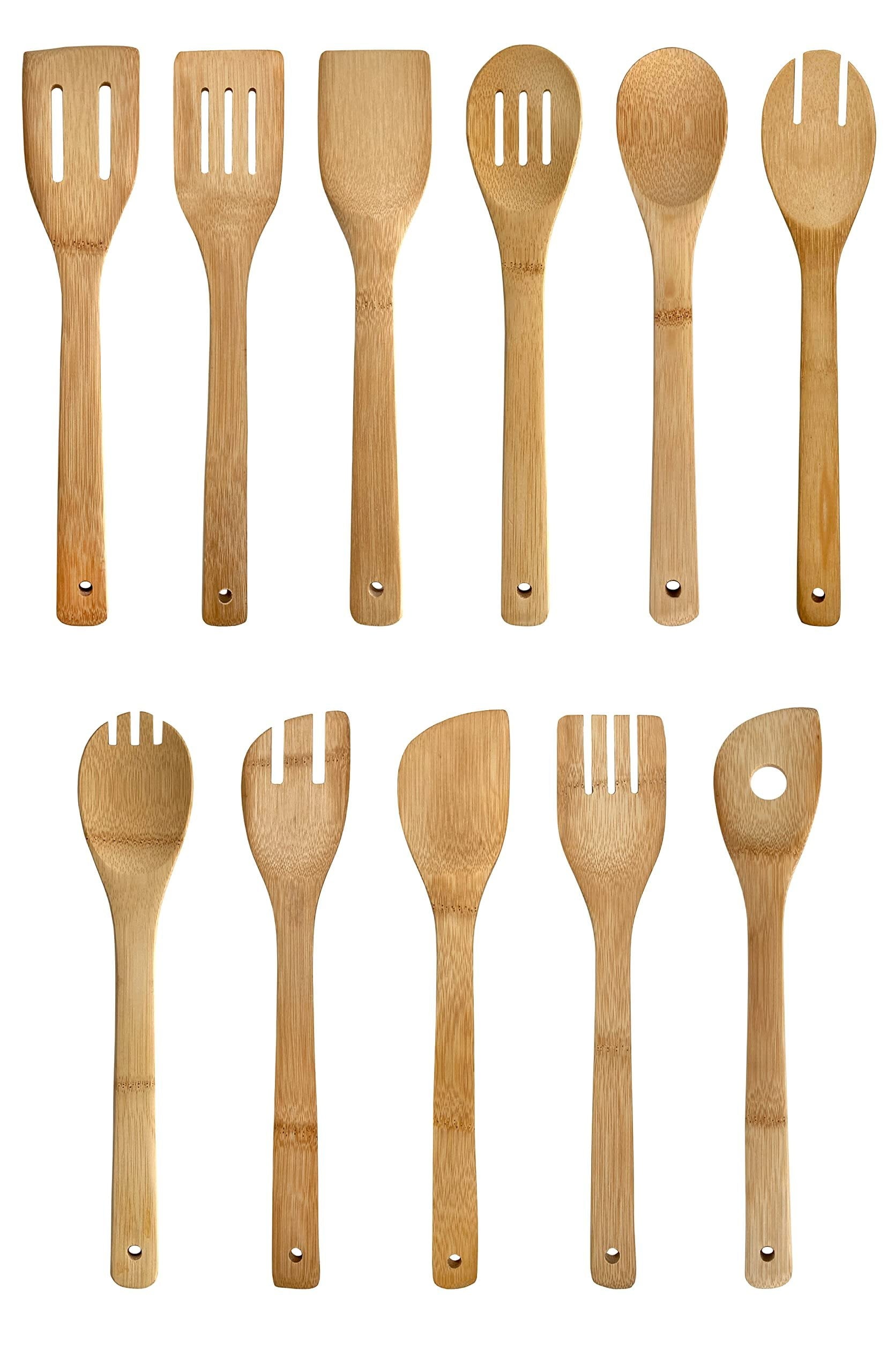 Edge Bamboo Utensils 12 Piece Set Including Caddy for Cooking Slotted Spoon, Turner, Fork, Mint