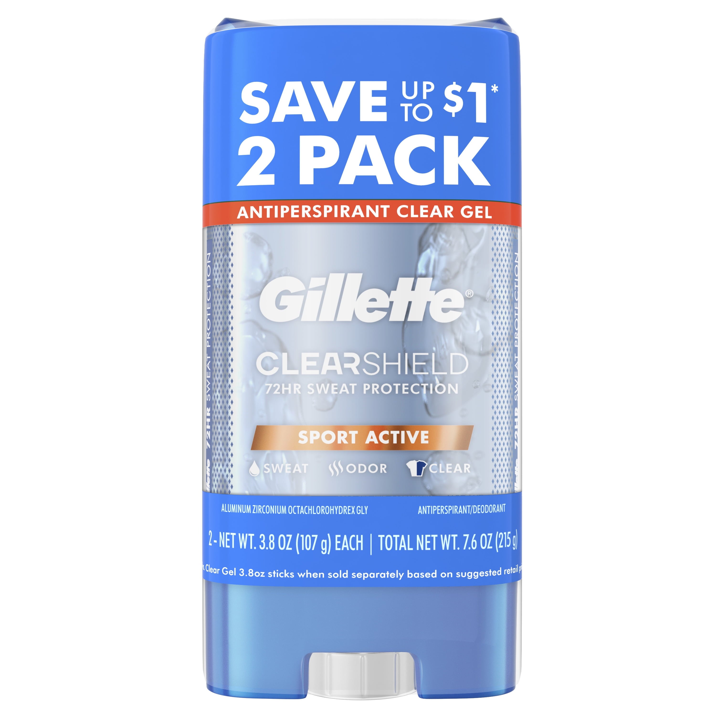 Antiperspirant Deodorant for Men, Clear Gel, Sport Active, Twin Pack, 3.8 Oz