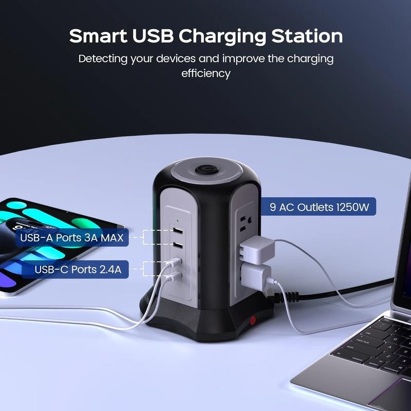13 Outlets Power Strip Tower, USB C Surge Protector Charging Station, 4 USB Port