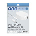 Onn 24W Dual USB-A Port Wall Charger with 3Ft USB-C to USB Cable, Foldable Plug, White - Compatible with Iphone 17/16/15 Series, Samsung Galaxy, Google Pixel, and More