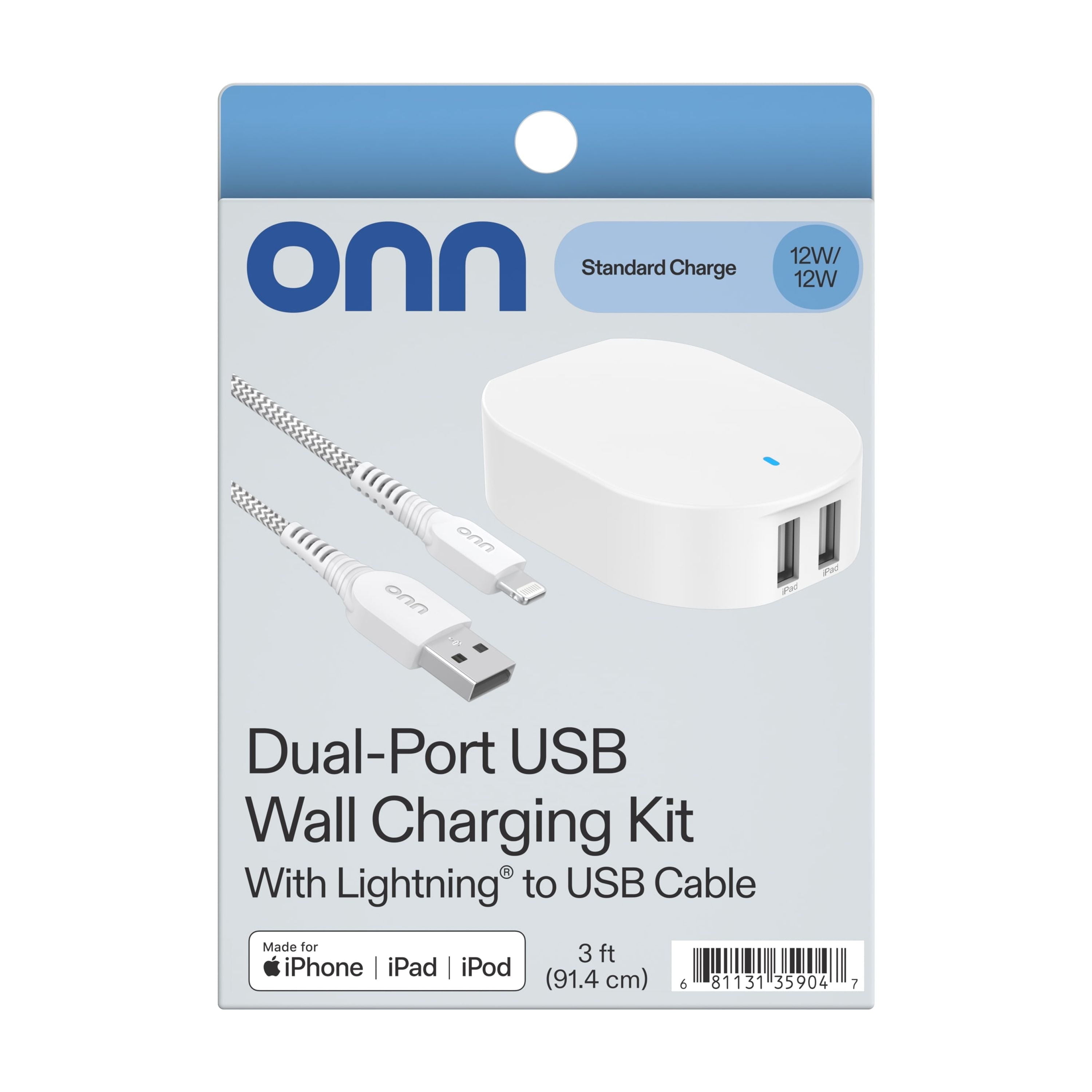 Onn 24W Dual USB-A Port Wall Charger with 3Ft USB-C to USB Cable, Foldable Plug, White - Compatible with Iphone 17/16/15 Series, Samsung Galaxy, Google Pixel, and More