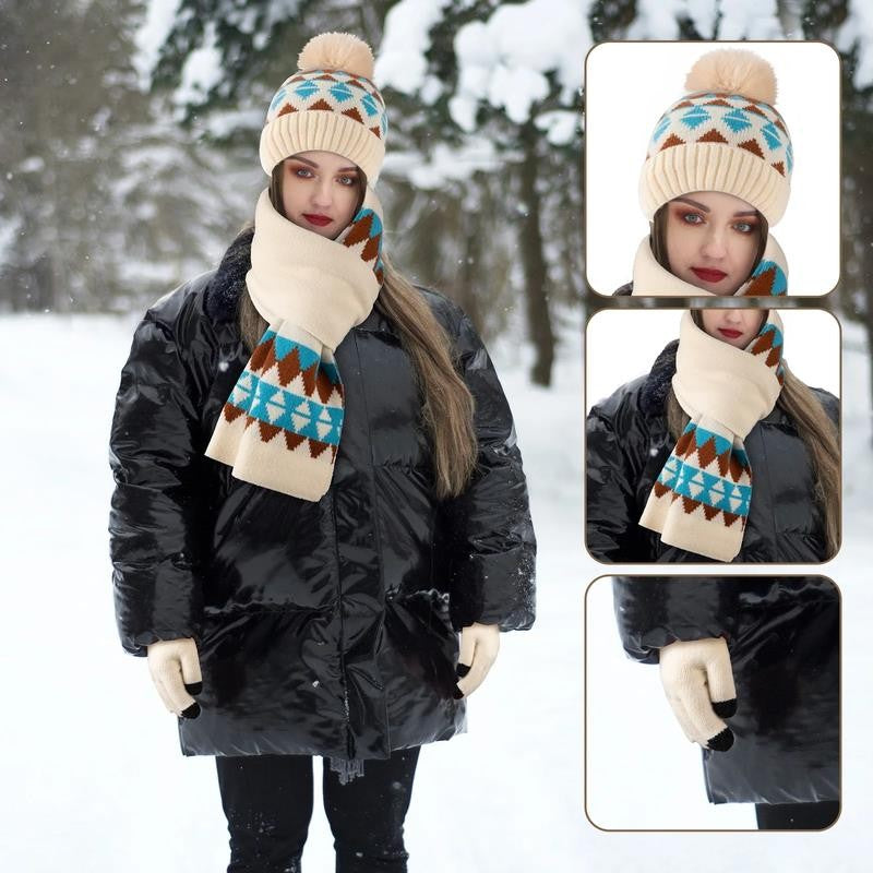 3 PCS Winter Hat Scarf Gloves Set, Long Scarf Neck Warmer Beanie with Pom Pom To