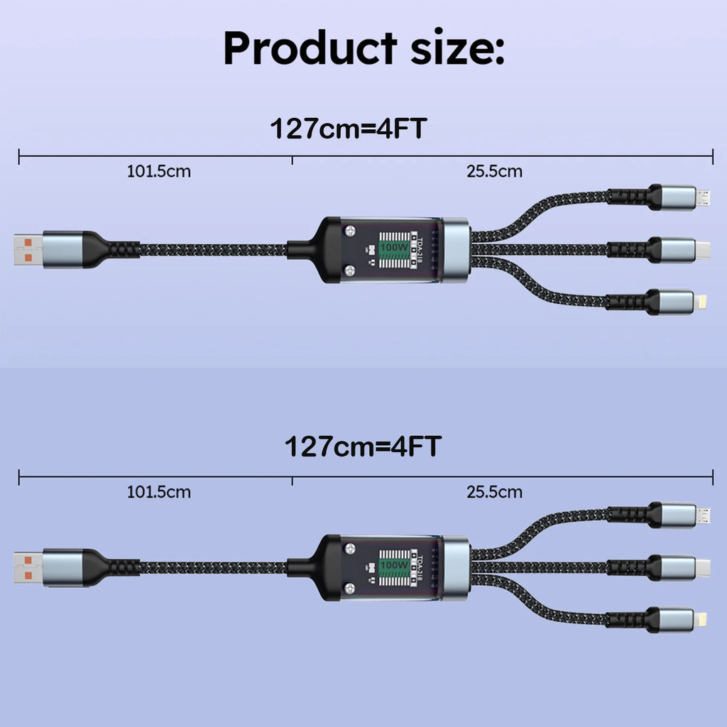 Firsting 4FT 100W 3-In-1 USB Charger Cord Phone Charging Cable Fast Charging Data Cable 2PCS Black