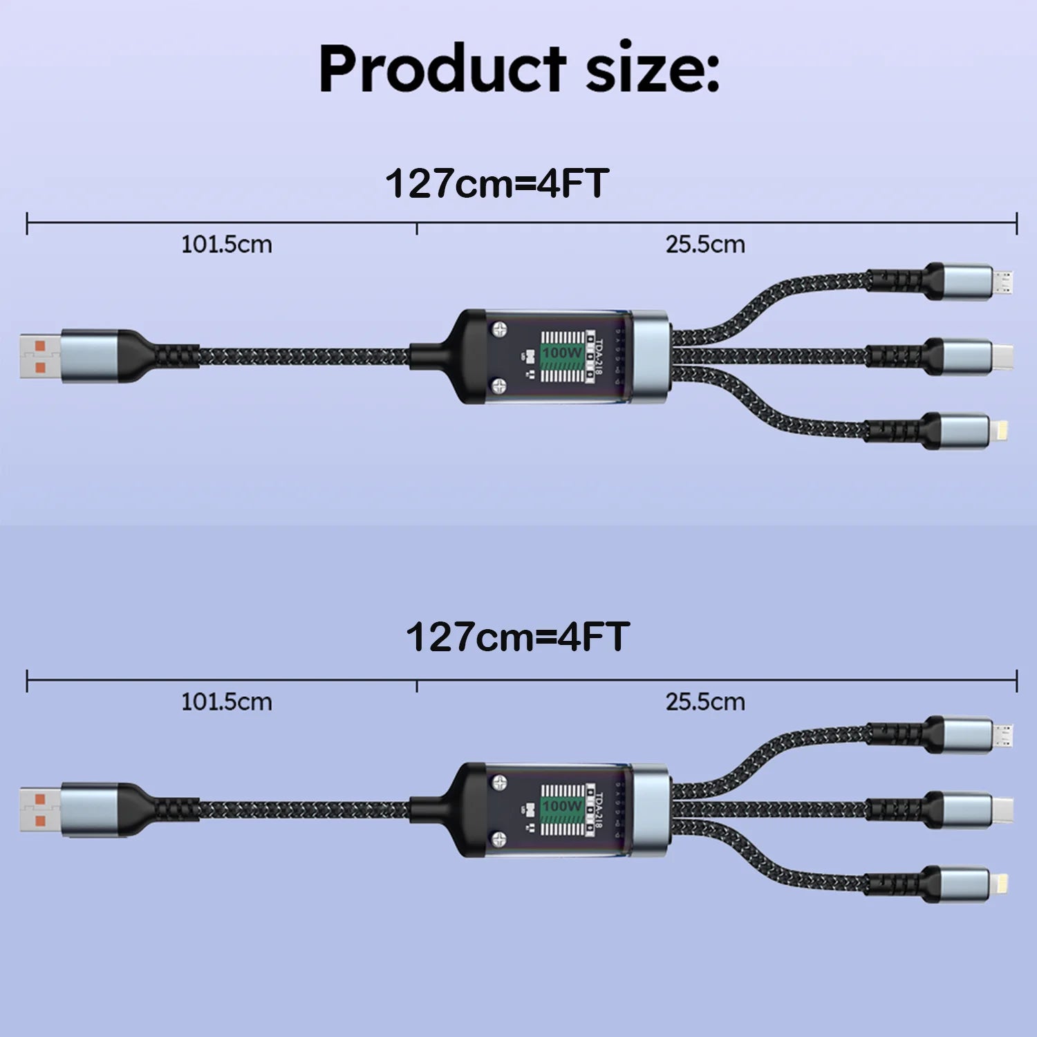 Firsting 4FT 100W 3-In-1 USB Charger Cord Phone Charging Cable Fast Charging Data Cable 2PCS Black