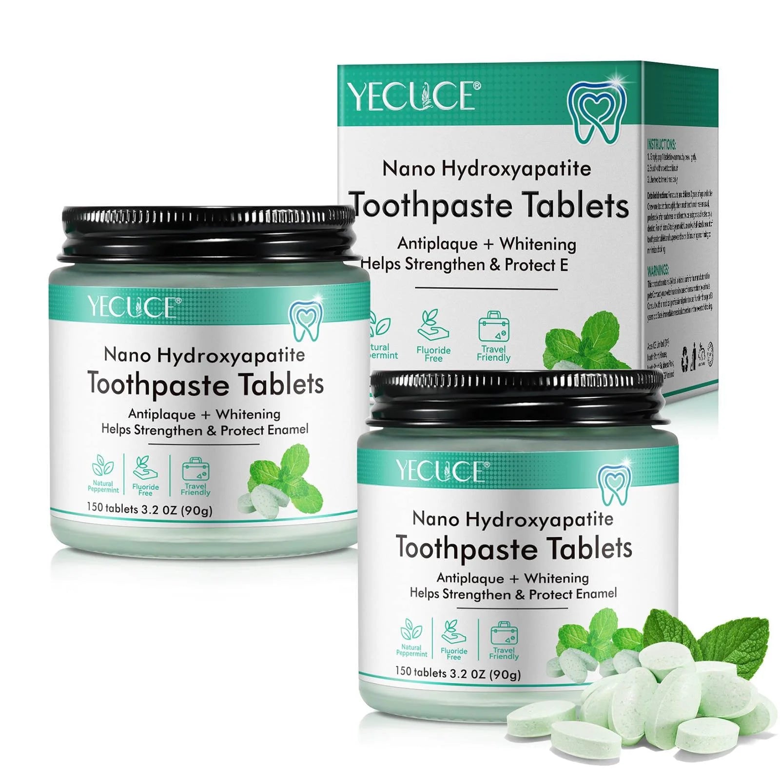 150 Spearmint Tablets , Fluoride Free & Eco Friendly, Travel Mouthwash Tablets, Chewable Toothpaste Tablet 2Pack