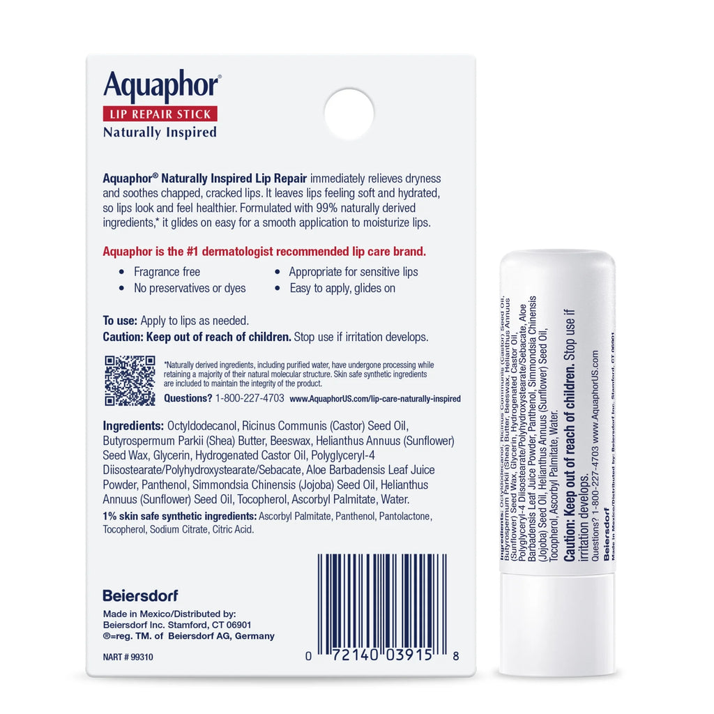 Aquaphor Naturally Inspired Lip Repair Stick for Very Dry Lips, Lip Balm with Aloe Vera, 0.17 Oz