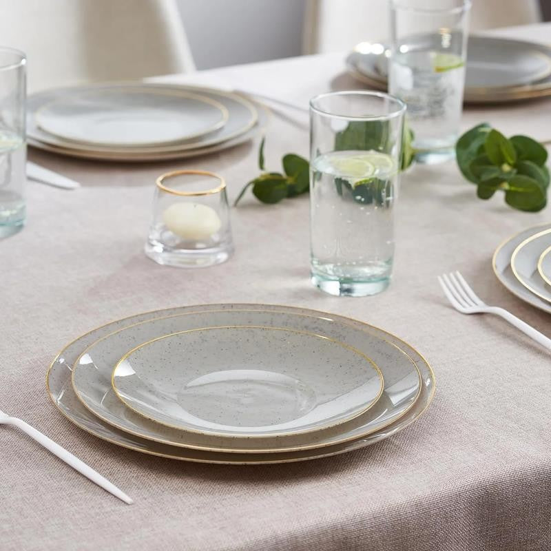 Elegant Plastic Dinner Plates Granite Gray Gold Rim Plastic Silverware, 32 Pack