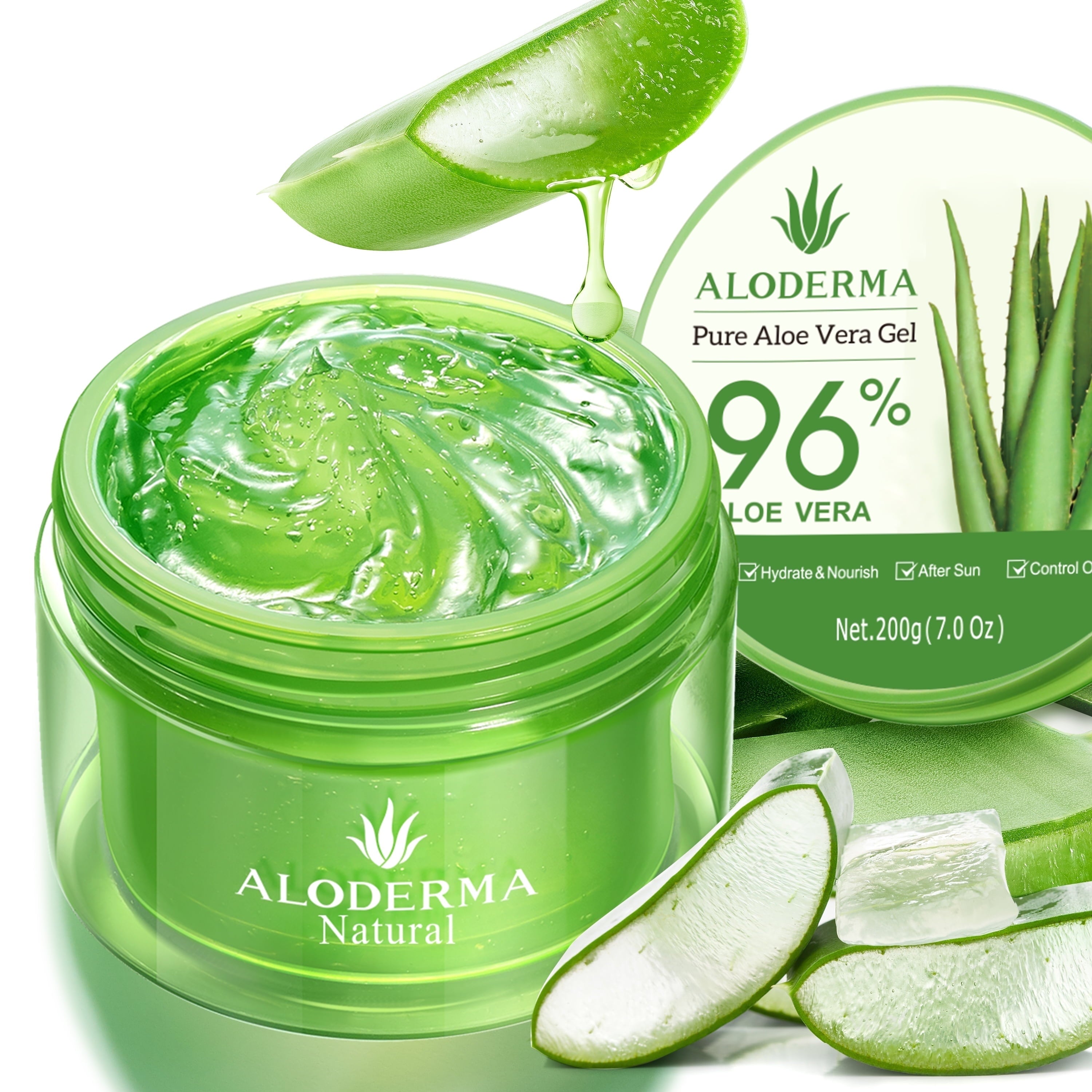 ALODERMA Organic Pure Aloe Vera Gel Made with 96% USDA Organic Certified Aloe Vera within 12 Hours of Harvest (200G, 7.0 Oz), Suitable for All Skin Types – No Sticky Residue – Eco-Friendly
