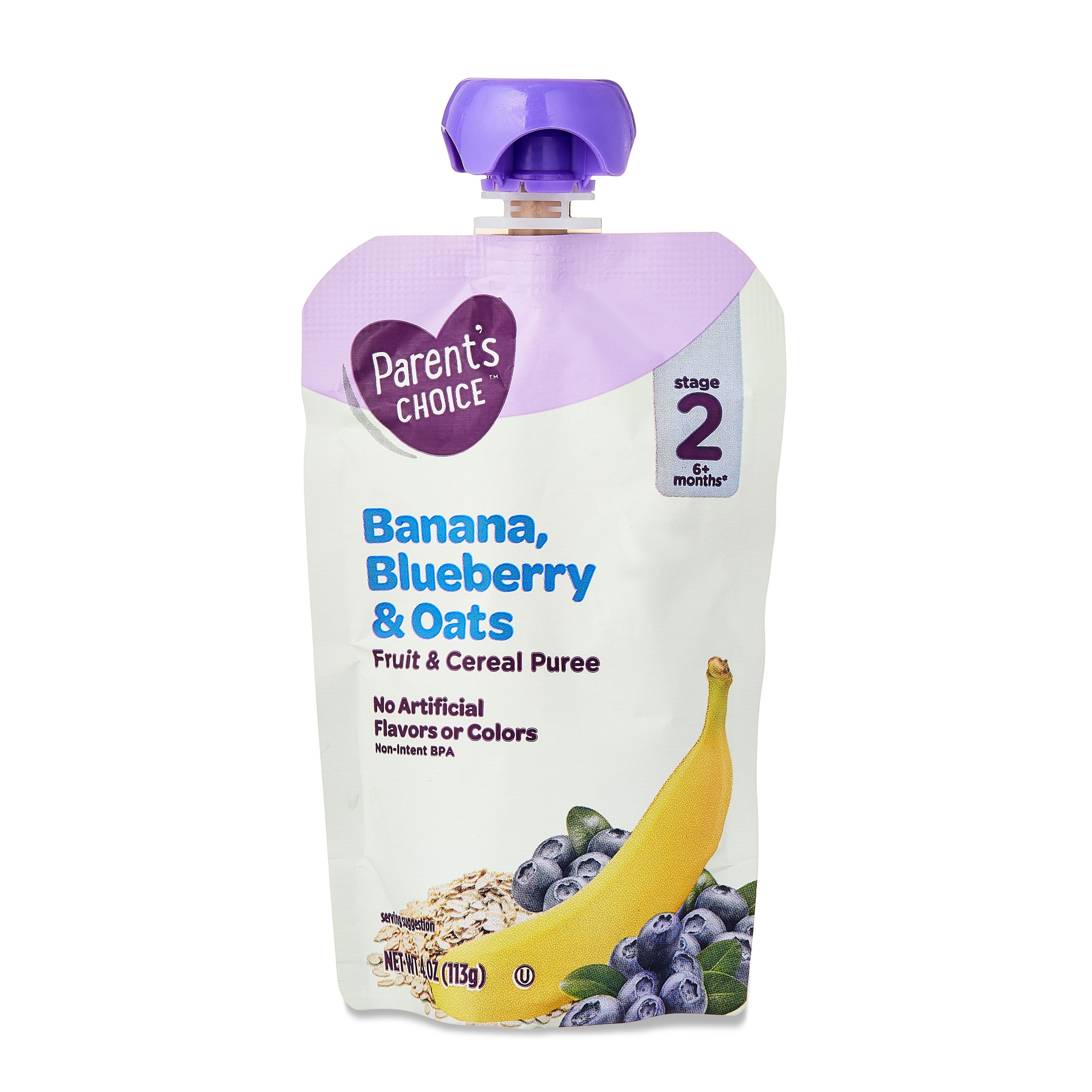Parent'S Choice Stage 2 Baby Food, Banana, Blueberry, and Oats Fruit and Cereal Puree, 4 Oz Pouch