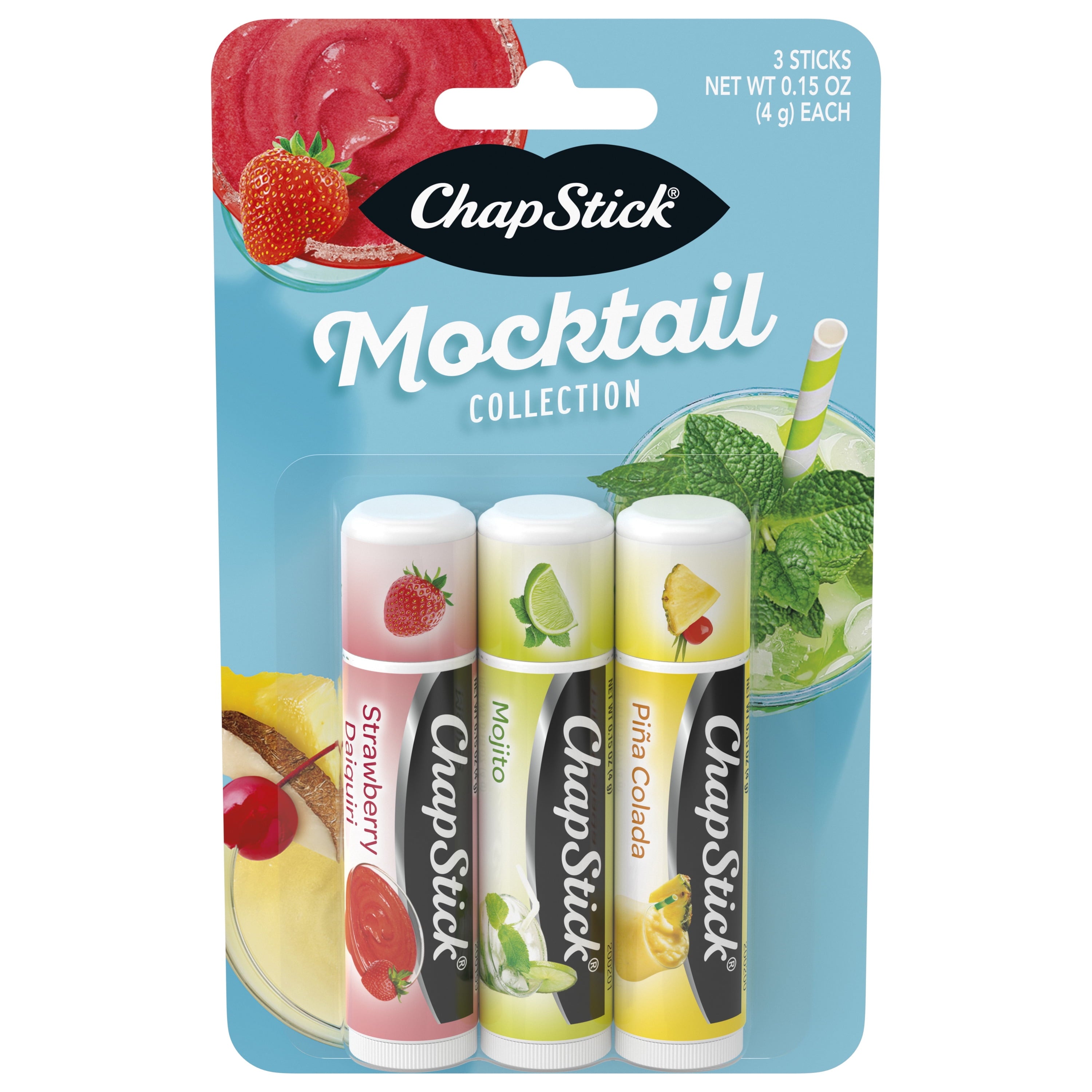 Chapstick Mocktail Flavored Lip Balm Tubes, Strawberry Daiquiri, Mojito, and Pina Colada, 0.15 Oz X 3 Sticks
