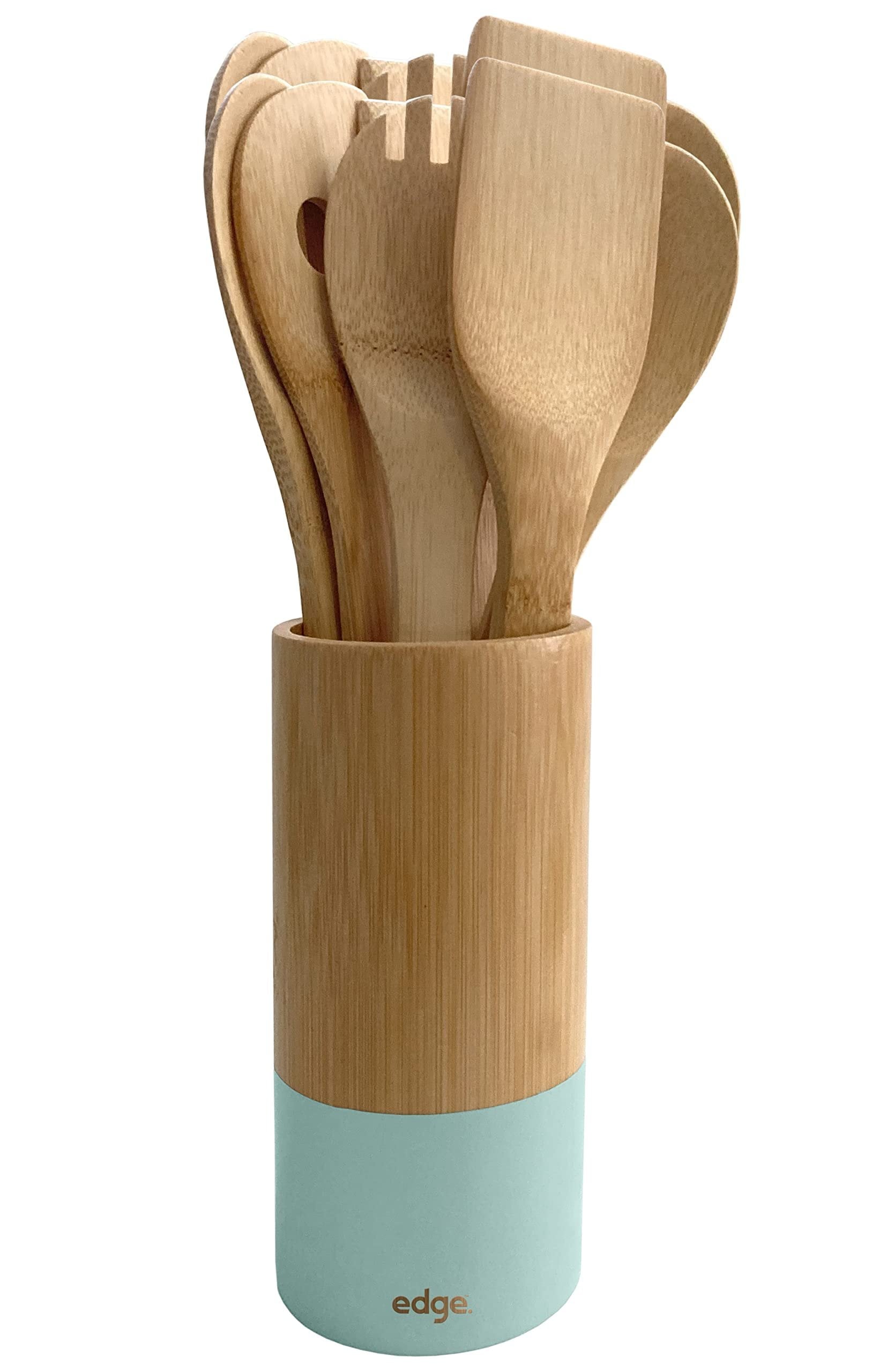 Edge Bamboo Utensils 12 Piece Set Including Caddy for Cooking Slotted Spoon, Turner, Fork, Mint