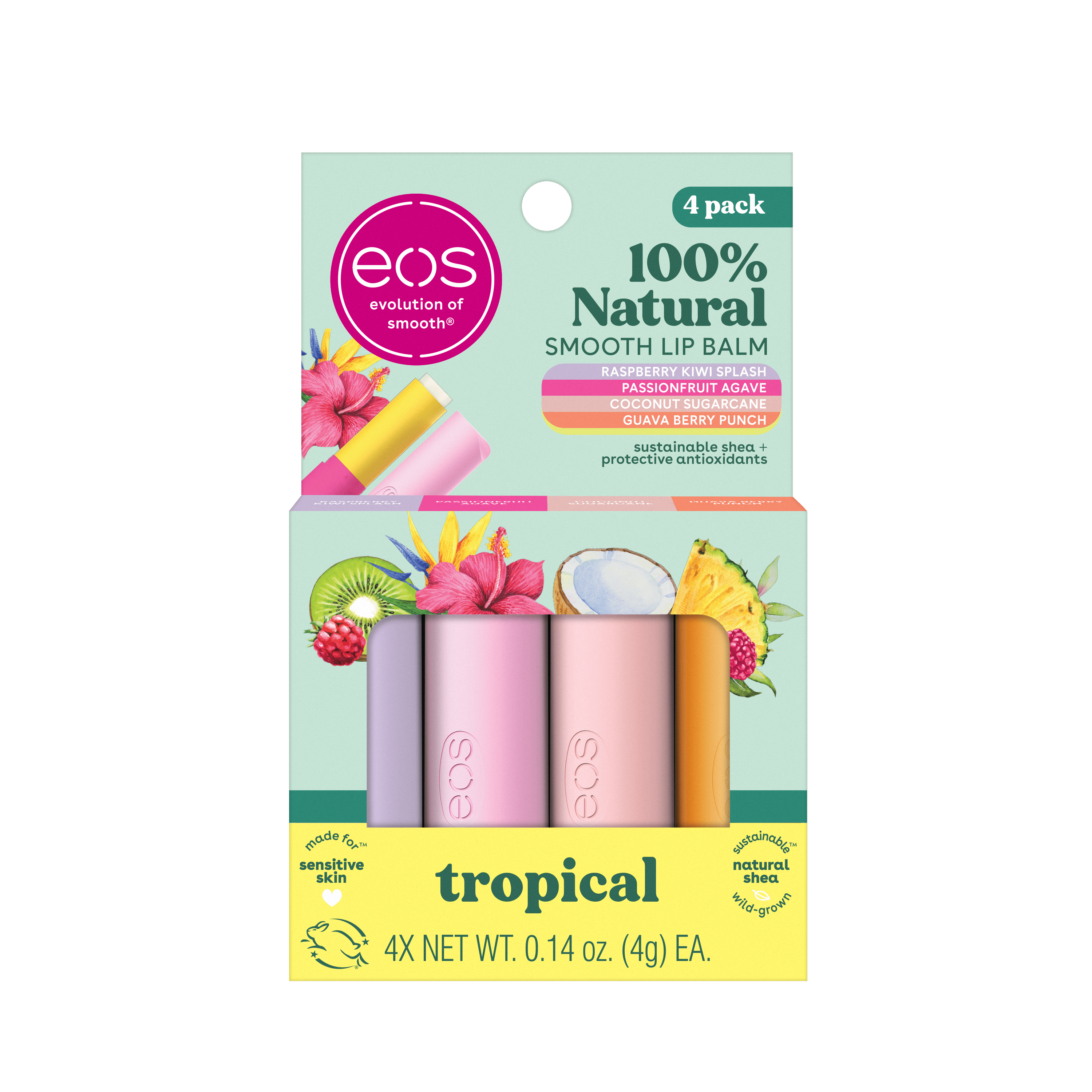 100% Natural Lip Balm- Tropical Variety Pack, 0.14 Oz, Pack of 4