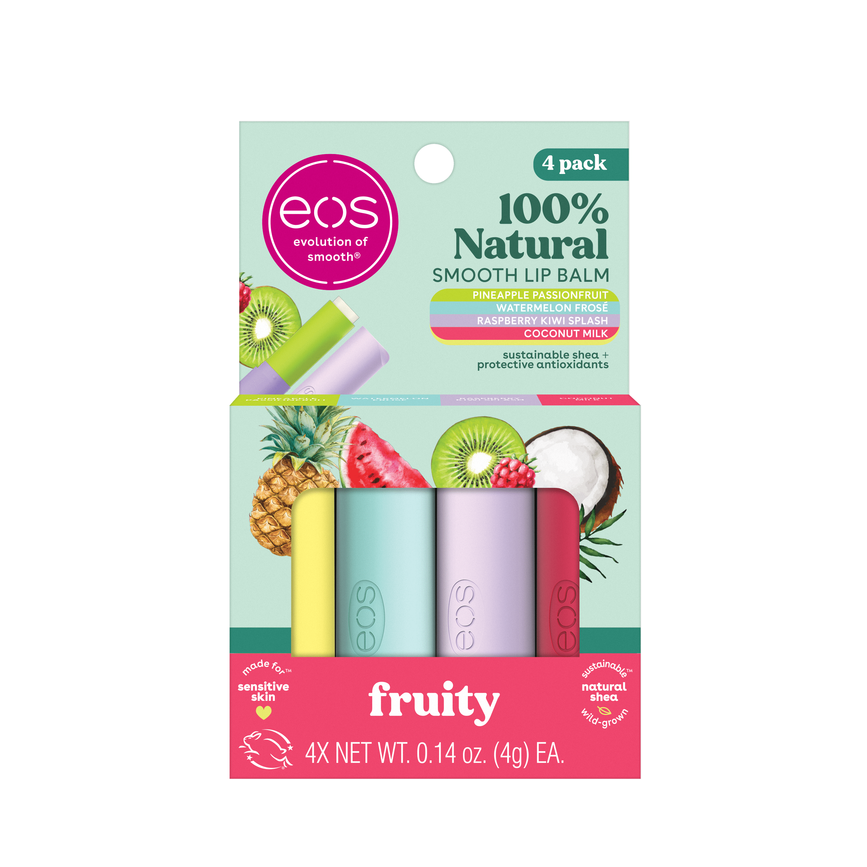 Eos 100% Natural Lip Balm Sticks- Fruity Variety Pack, 0.14 Oz, 4 per Pack