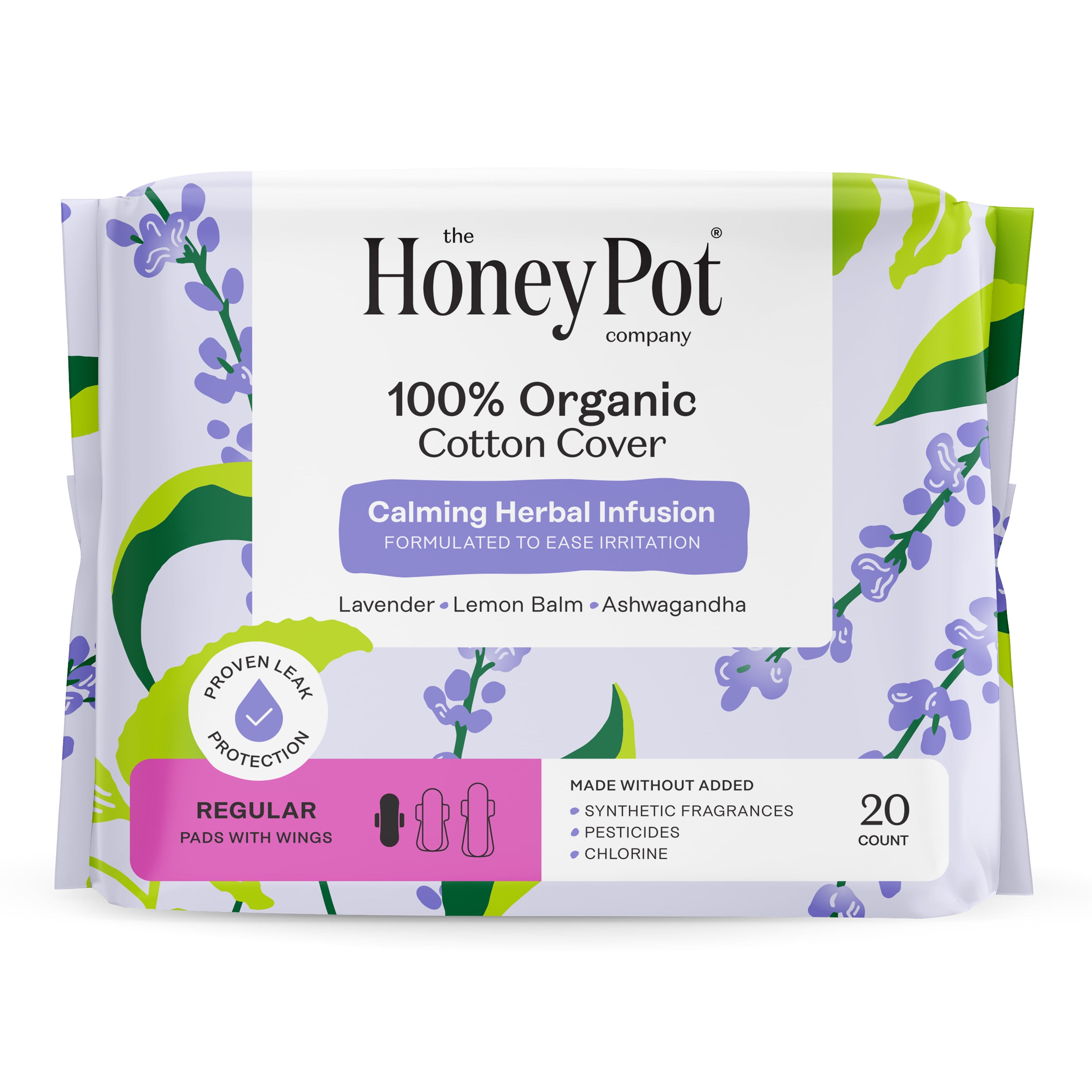 100% Organic Cotton Cover Calming Herbal Infusion Regular Pads, 20 Count