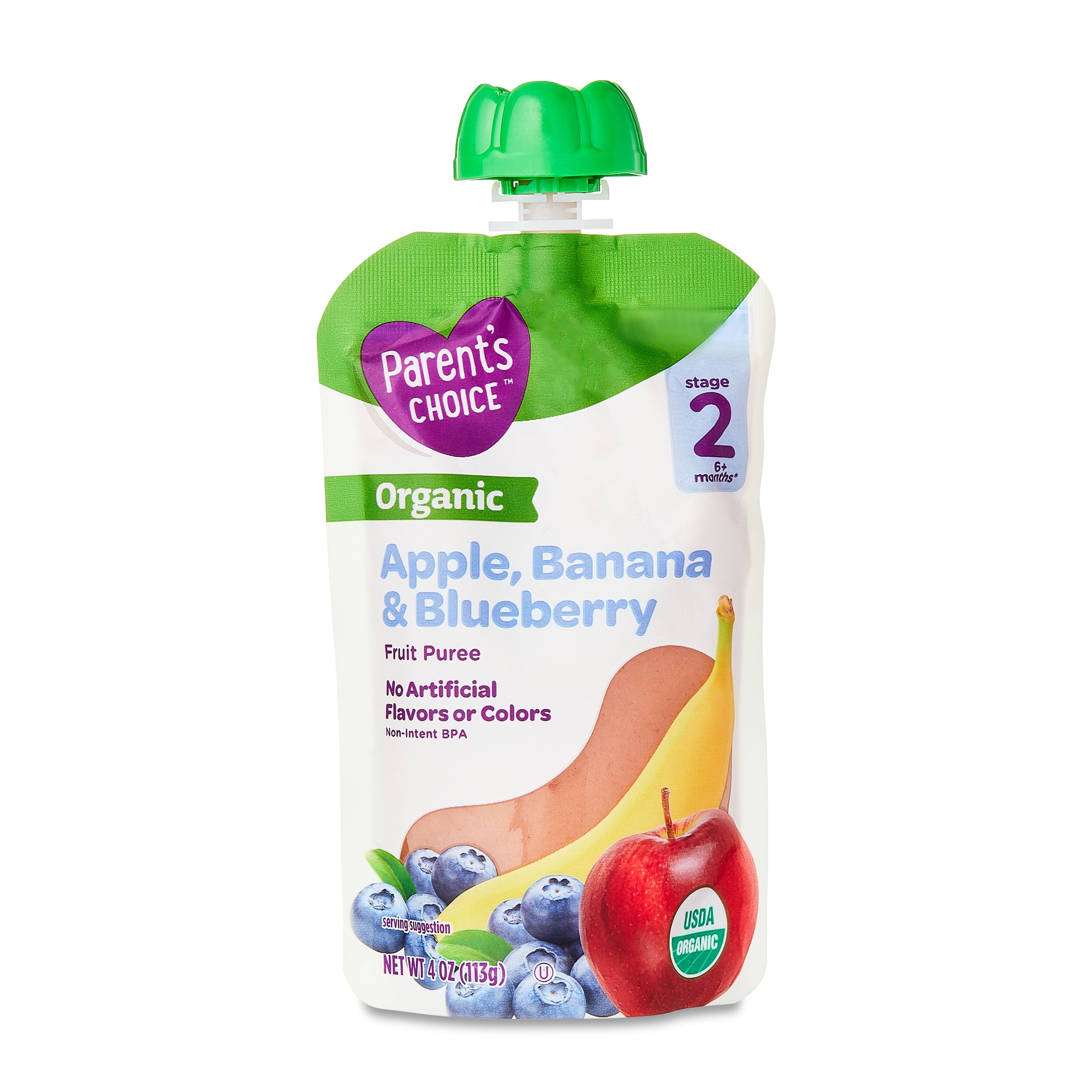 Parent'S Choice Organic Stage 2 Baby Food, Apple, Banana, and Blueberry Puree, 4 Oz Pouch
