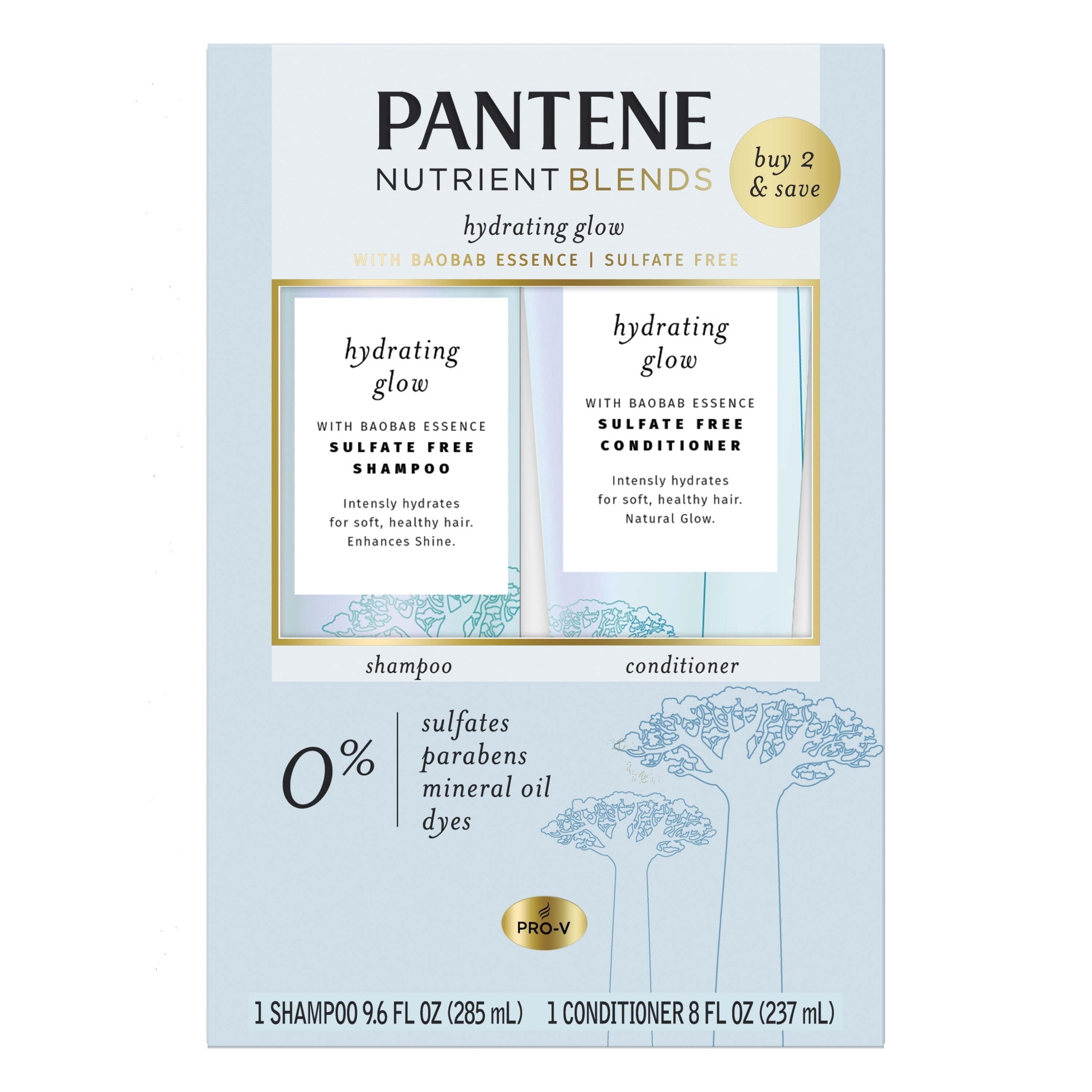 Pantene Hydrating Glow, Sulfate-Free Shampoo and Conditioner Pack, with Baobab Essence