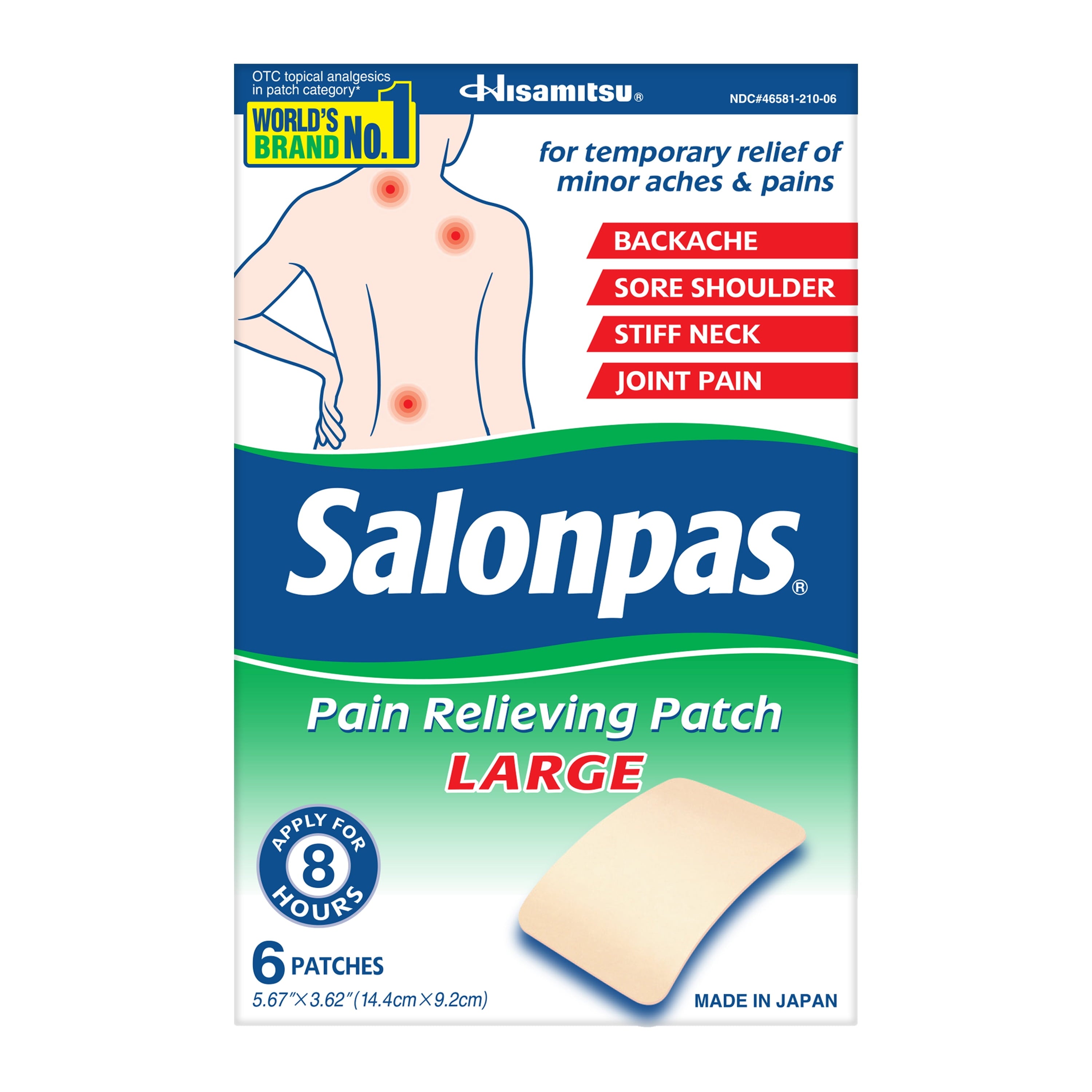 8 Hour Pain Relief Patch with Camphor 3.1% & Menthol 6% for Back & Muscles, Large, 6 Count