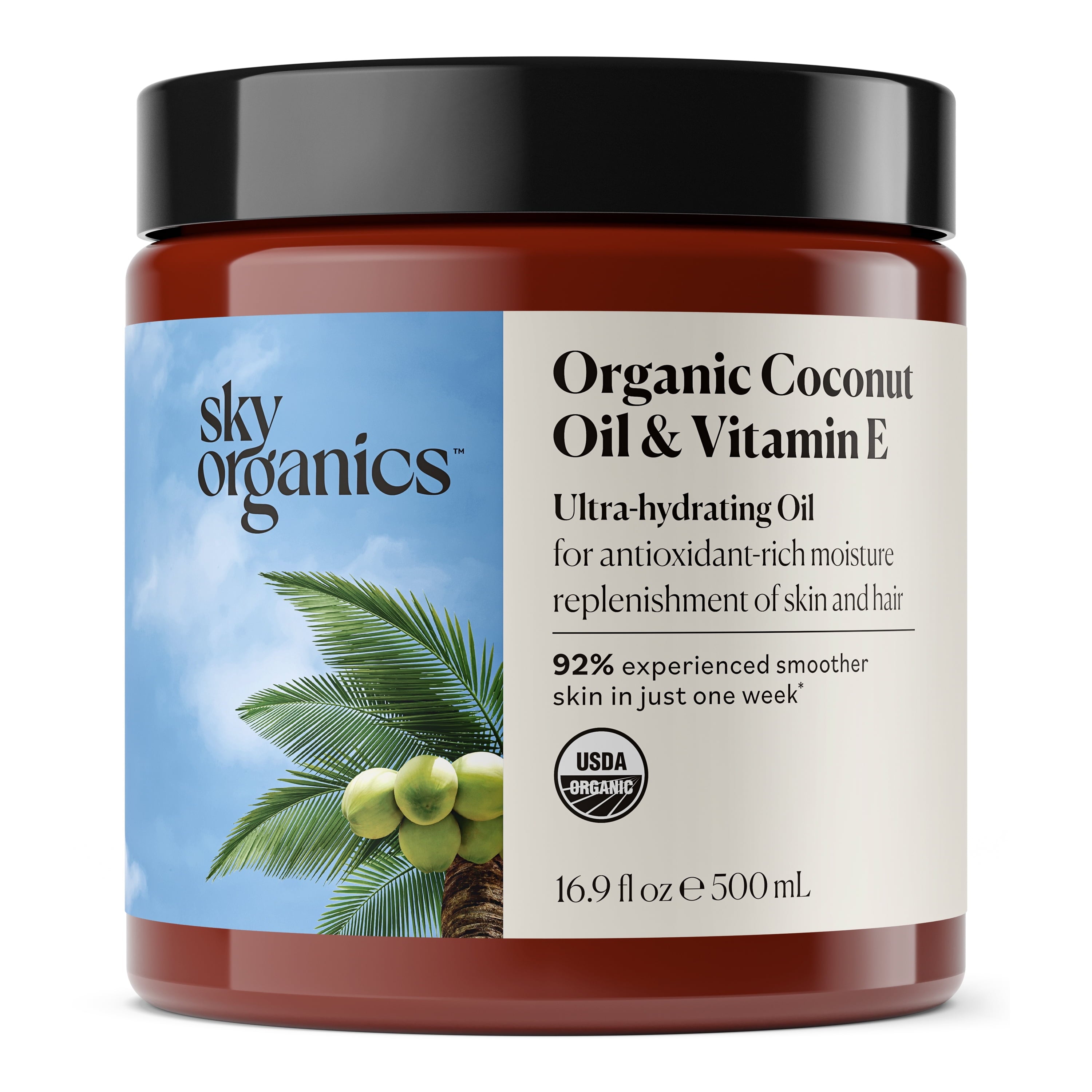 Sky Organics Organic Coconut Oil & Vitamin E Ultra-Hydrating Oil for Hair + Skin, 16.9 Fl Oz
